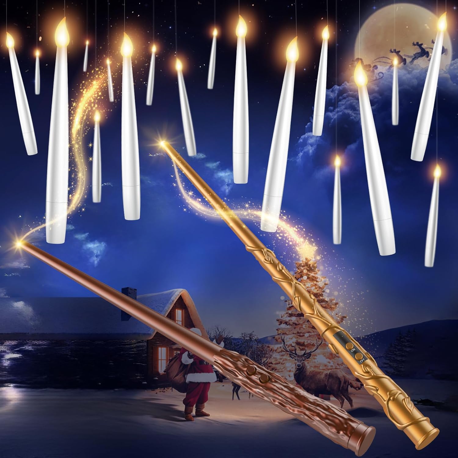 Floating Candles with 2 Wand - 24 Pack Christmas Decorations Magic Flameless Candles Flickering Warm Light LED Hanging Candle Remote, Operated Candles for Christmas Outdoor Indoor Party Decor