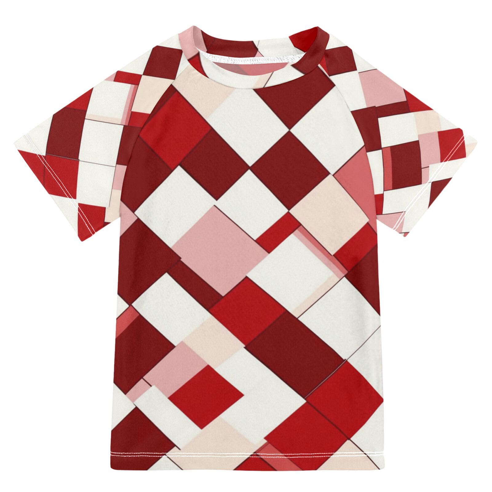 Rash Guard Bathing Suit Girls Short Sleeve Girls Rash Guard Top 11T White Red Rhomboid