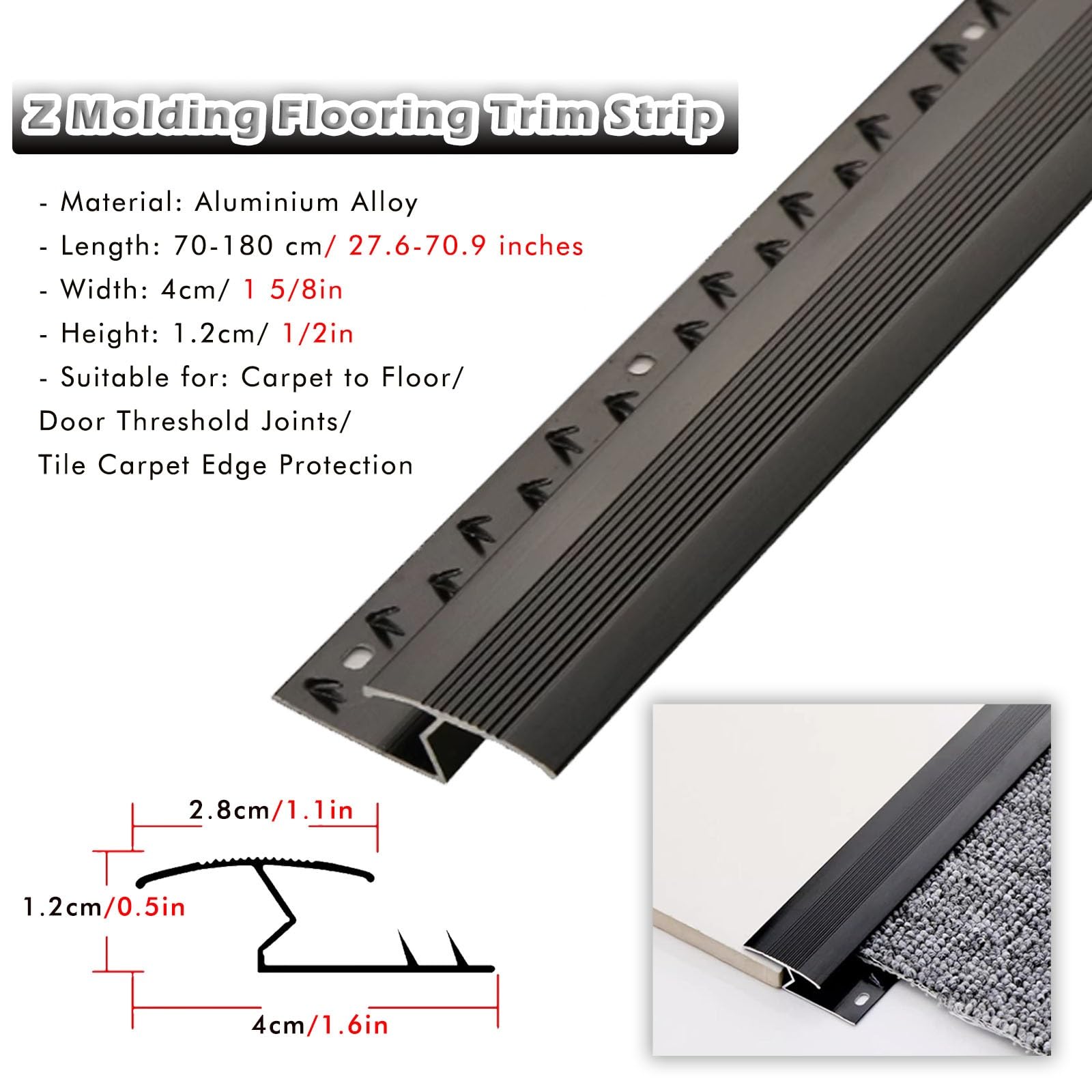 Czarna listwa przejściowa podłogowa aluminiowa, 90 100 110 120 130 140 150 160 170 180 cm długości, redukująca próg dywanu/płytki/wykończenie krawędzi dywanu, łatwa,L- 170cm/67in