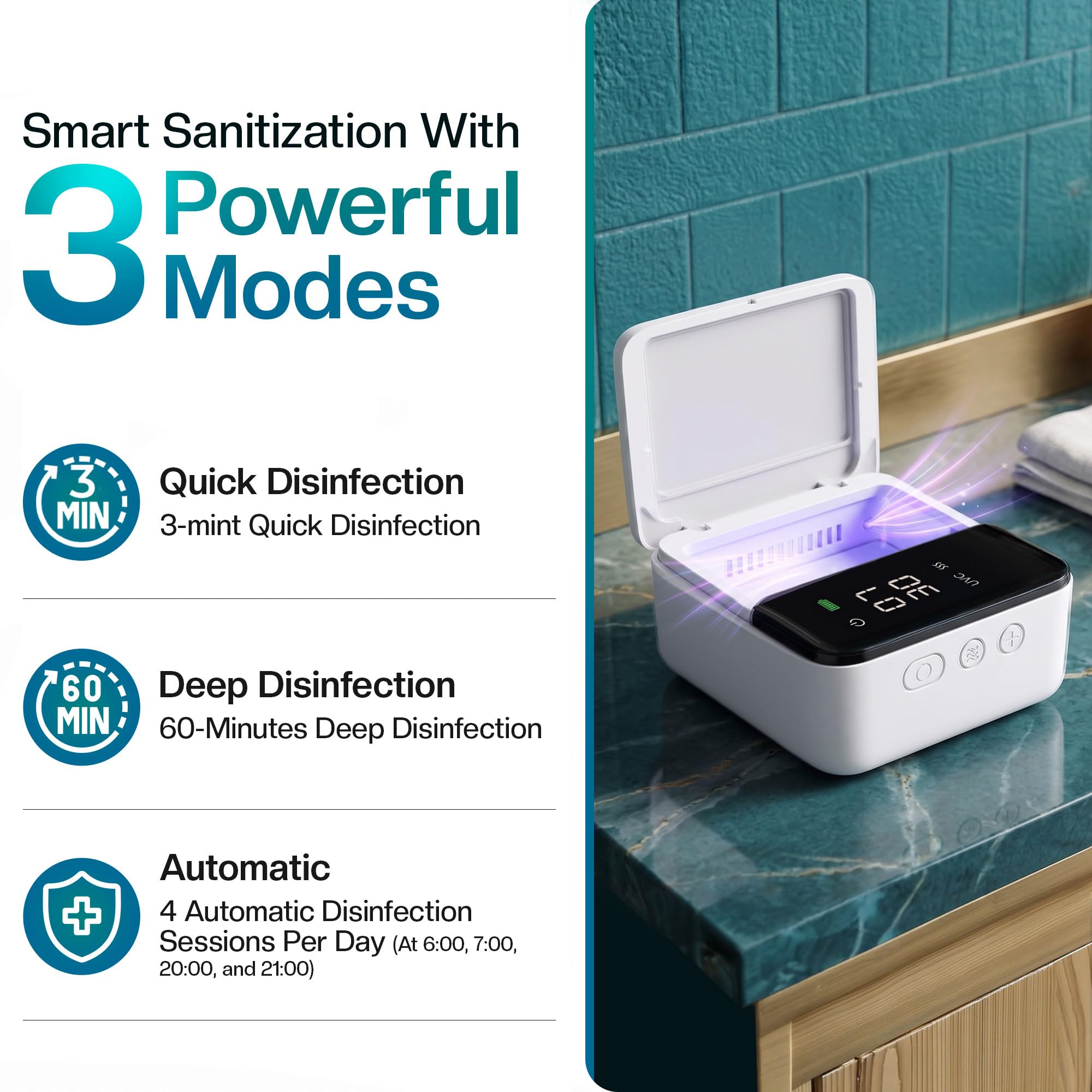 Jetfresh Porta spazzolino da denti UV e detergente con display a LED e asciugatura ad aria calda, supporto per spazzolino da denti UV per bagno, viaggi, design portatile ricaricabile, si adatta a