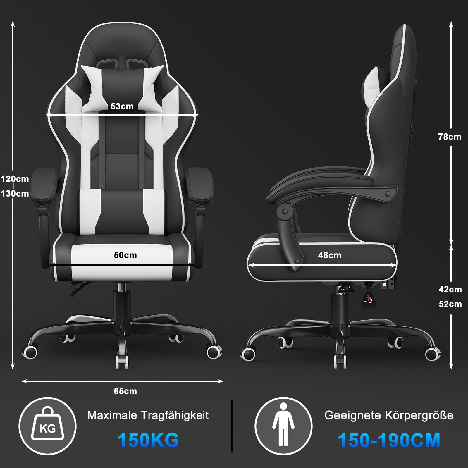 Devoko Gaming Stuhl mit Massagefunktion, Bürostuhl Ergonomisch mit Verstellbarer Ruckenlehne (90-135), Schreibtischstuhl mit Bewegliche Armlehne, max 135kg, Schwarz Weiß