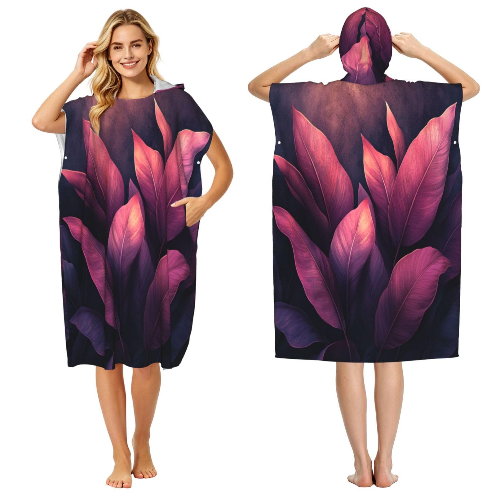 DTHKJNLSF Red Banana Leaves Adult Hooded Beach Poncho Towel