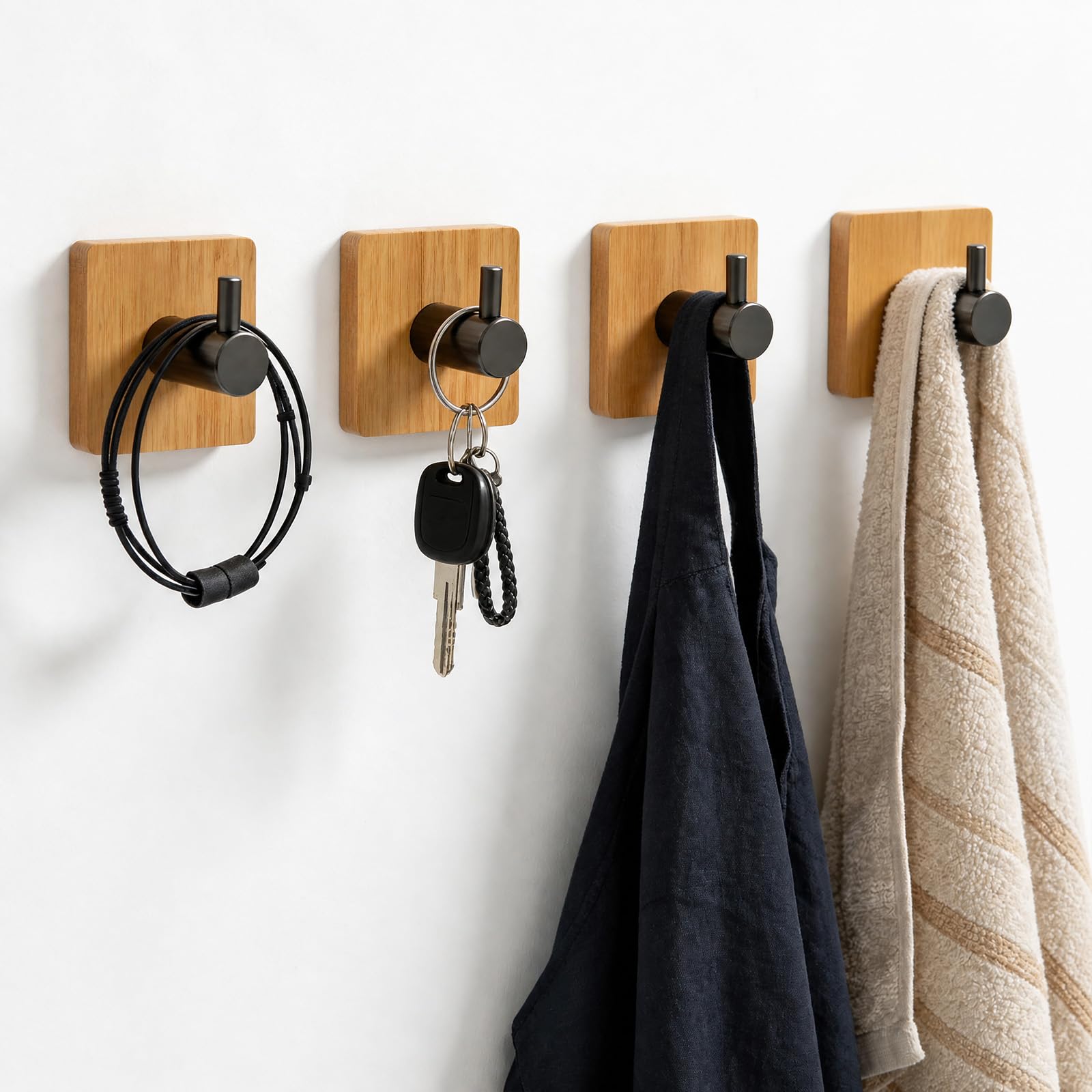 NAYAHOSE 4Pcs Wooden Base Hooks, Self Adhesive Towel Rail, Coat Hooks, Round Stainless Steel Hanging Stick on No-Nail Hook, Bamboo Towel Rail for Bathroom Kitchen Living Room Office