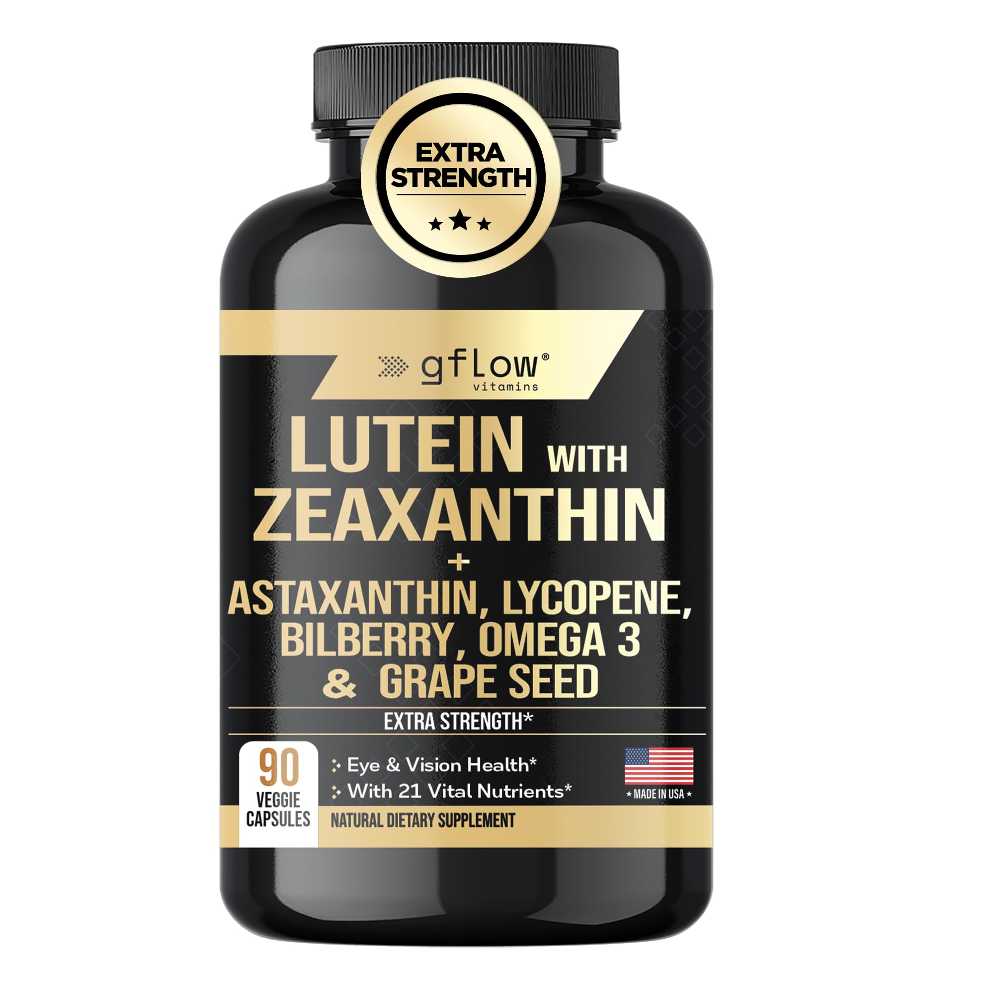 Lutein and Zeaxanthin Supplements - Advanced Eye Vitamins with Astaxanthin, Omega 3, Resveratrol, Bilberry, Lycopene, Quercetin, Ginkgo Biloba, Vitamin D | Health Vision | Made in USA