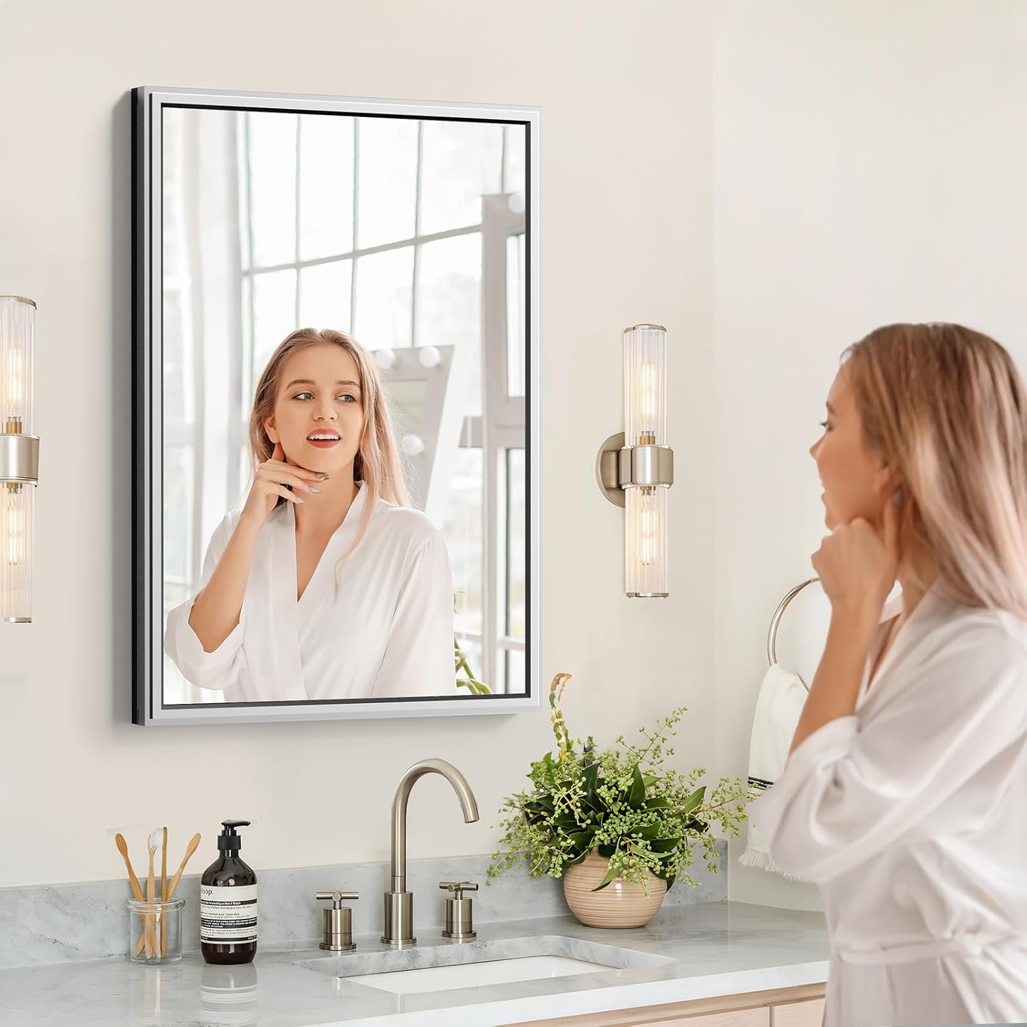 Medicine Cabinet, Mirror Medicine Cabinet for Bathroom Aluminum Alloy Metal Silver Framed Recessed or Surface Wall-Mounted (Silver, 24X30 in)