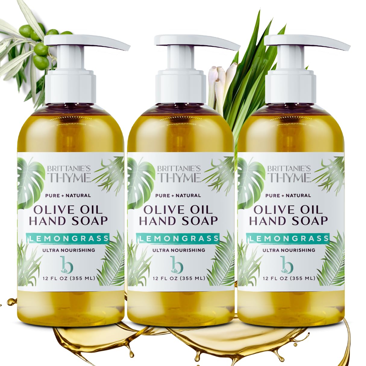 Brittanie's Thyme Organic Natural Hand Soap - 12 oz, Pack of 3 (Lemongrass) Castile Soap Made Olive Oil And Natural Luxurious Essential Oils. Vegan & Gluten Free. SIMILAR TO THE PHOTO