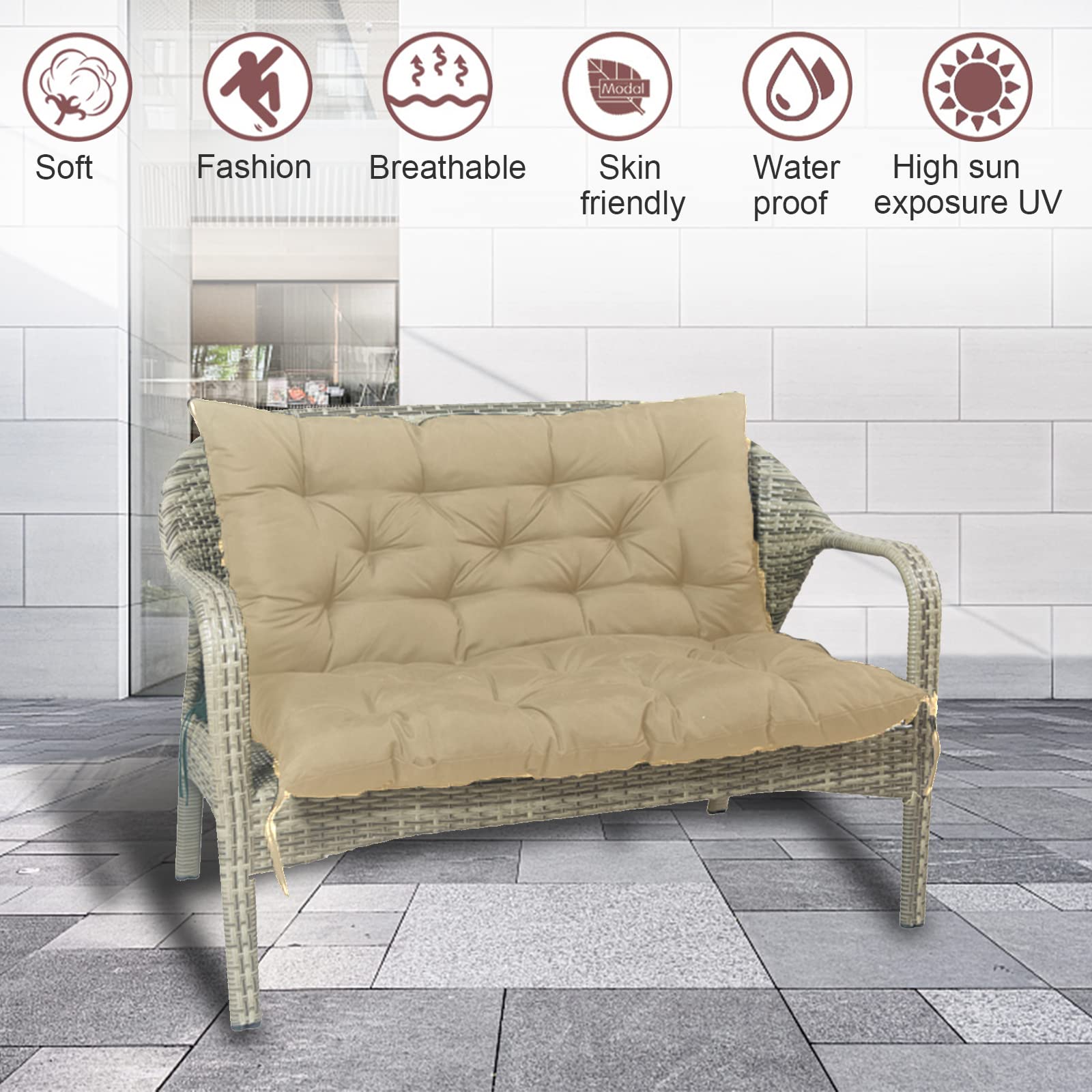 vadmepiop Porch Swing Cushion with Backrest, Outdoor Bench Cushion 2-3 Seater Waterproof Thicken Swing Replacement Cushions,for Garden Recliner Patio Furniture Cushion(Beige, 60x40 in)