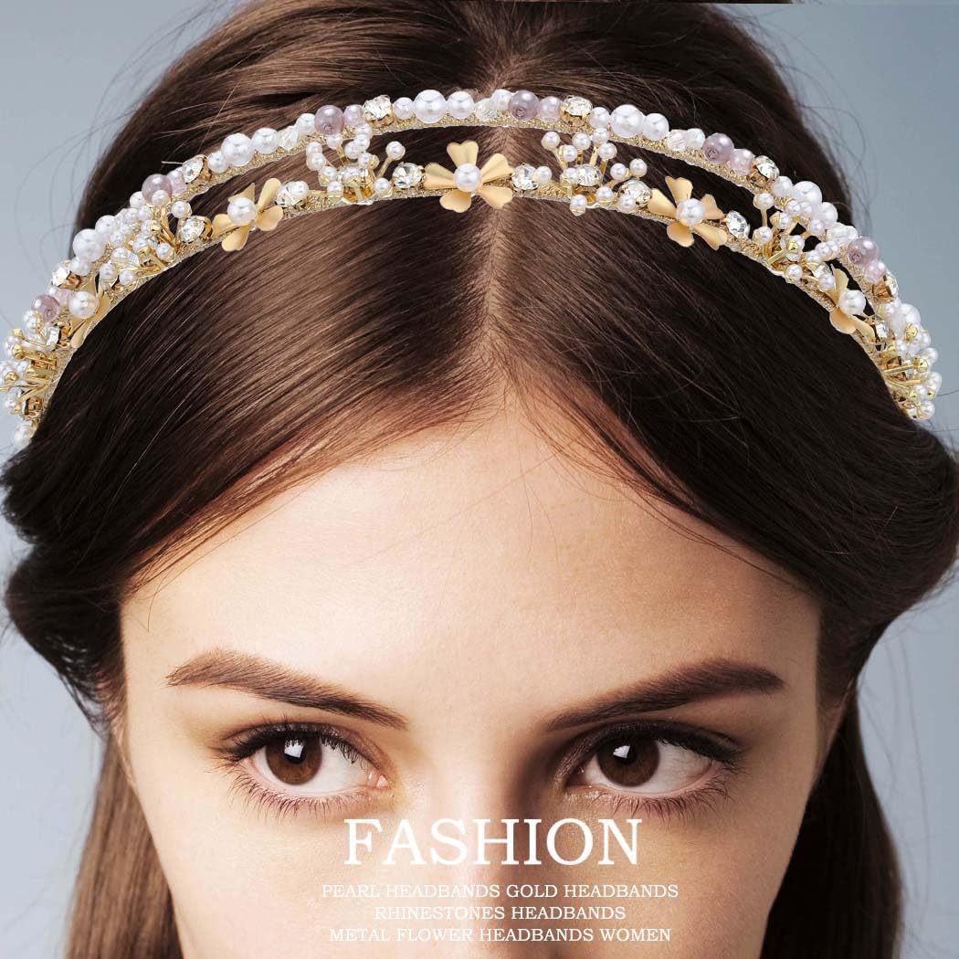 Gold Pearl & Crystal Double Row Headband - Elegant Gold Hair Tiara Gold Double Row Pearl Headband for Women, Elegant Double  main image 4
