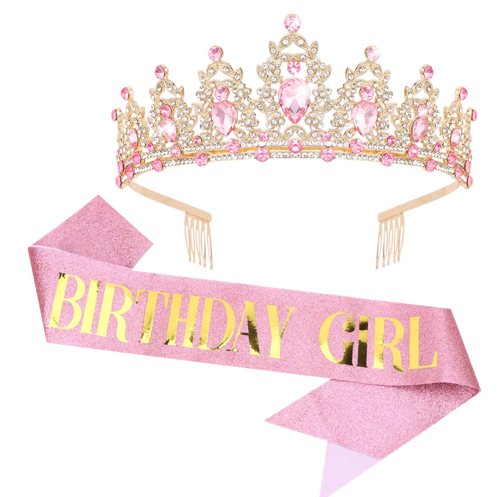 KEUKORZ Pink Birthday GIRL Crown & Sash Set Decoration