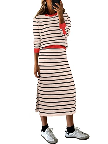 Women 2 Piece Striped Sweater Skirt Set