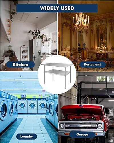 Miniatura 6 de FAHKNS Mesa de trabajo comercial de acero inoxidable de 48 x 24 pulgadas, resistente y duradero, deflector y estante inferior para restaurante,