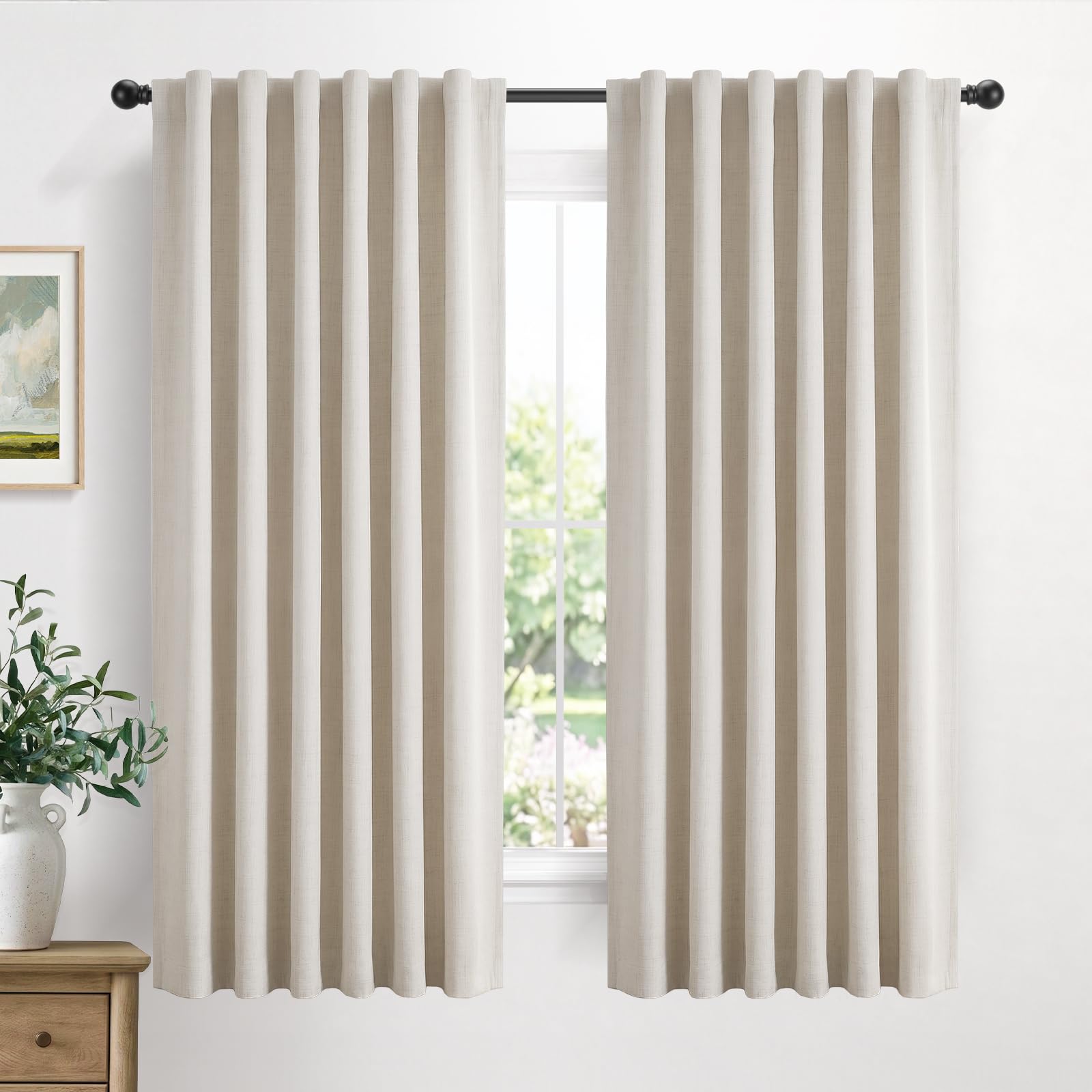 Linen Total Blackout Curtains for Bedroom Living Room 63 Inch, Cream