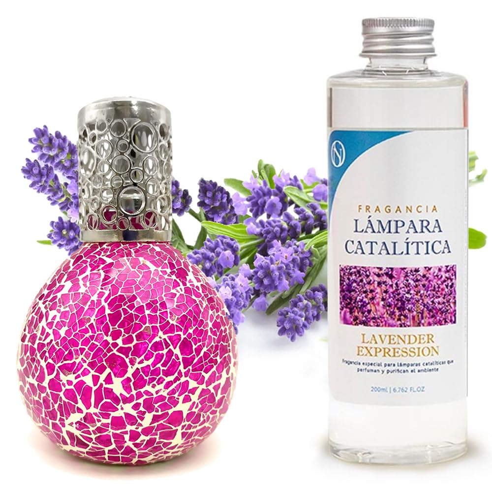 Pack Ahorro Lámpara Catalítica Mosaico Fucsia + Fragancia Aroma Lavender 200ml. Elimina Malos olores e impurezas, perfuma y Limpia.