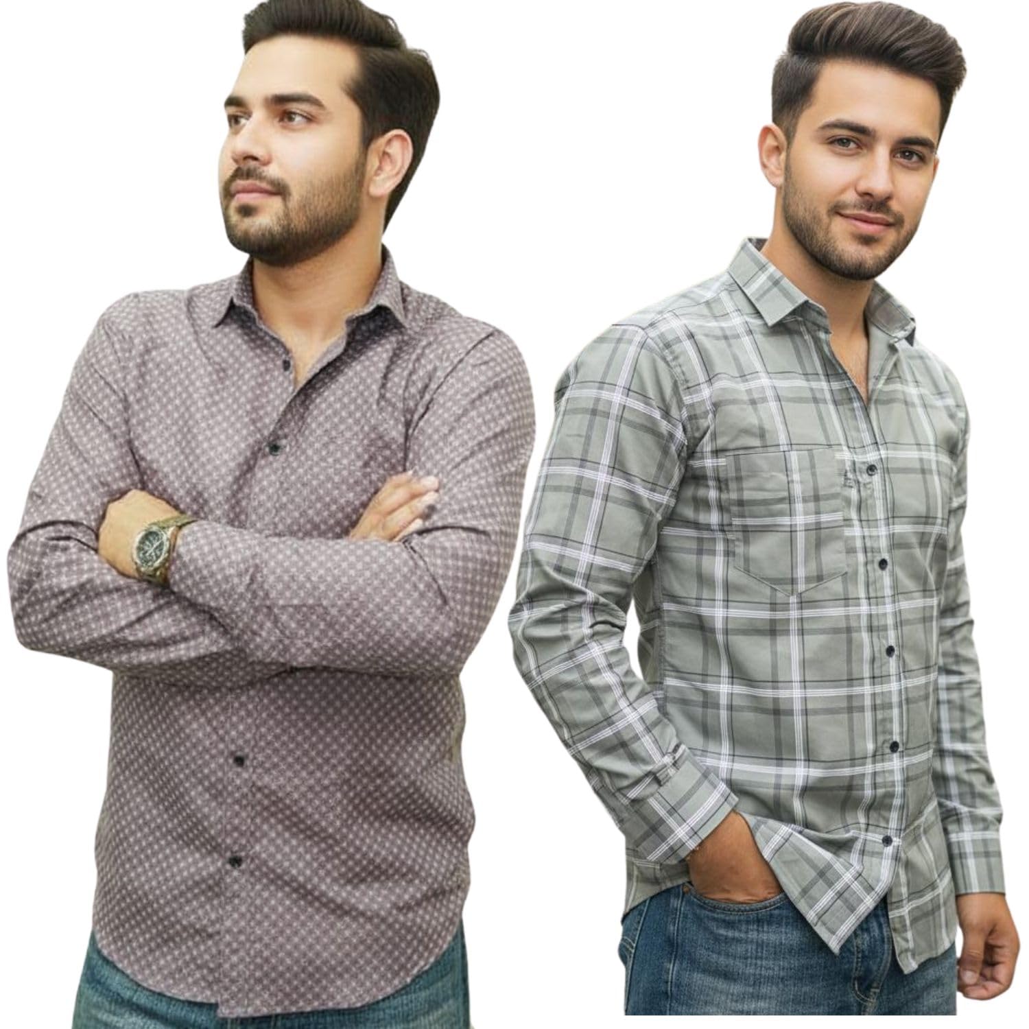 msstru Pack of 2 Men's Cotton Fabric Button Down Full Sleeve Collar Neck Regular Fit Check & Dotted Printed Combo Shirt-picture-24