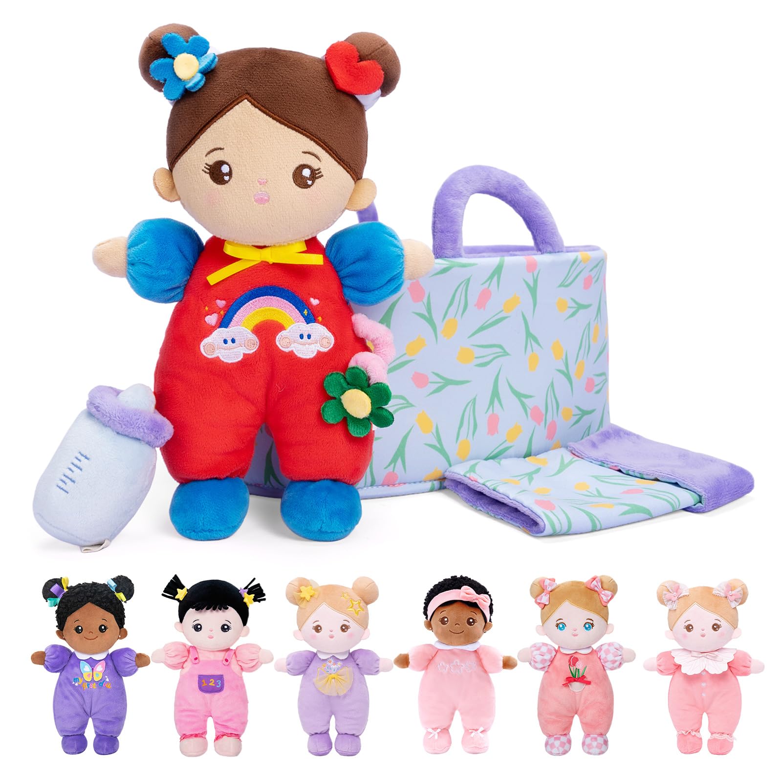 OUOZZZ Baby Soft Doll with Carrying Case and Doll Accessories Purple, 25cm Soft Doll Brown Skin, Cuddly Doll for Children from 3 Months - Baby Gift for Birth Girls Boys