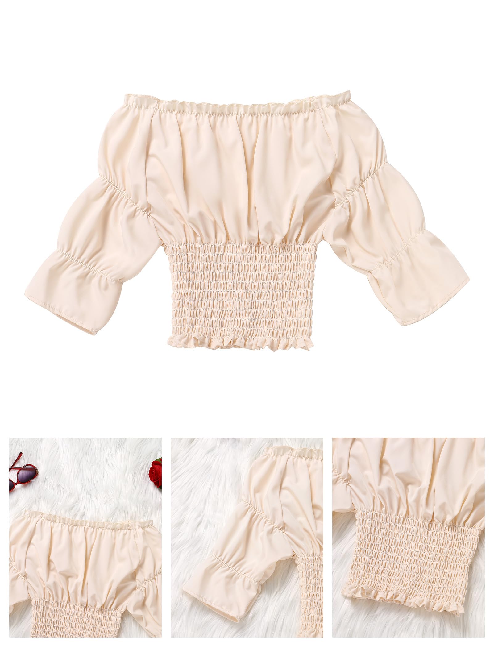 Odizli Mittelalter Bluse Damen Gothic Steampunk 3/4 Ärmel Off Shoulder Crop Top Viktorianisches Wikinger Piraten Kostüm