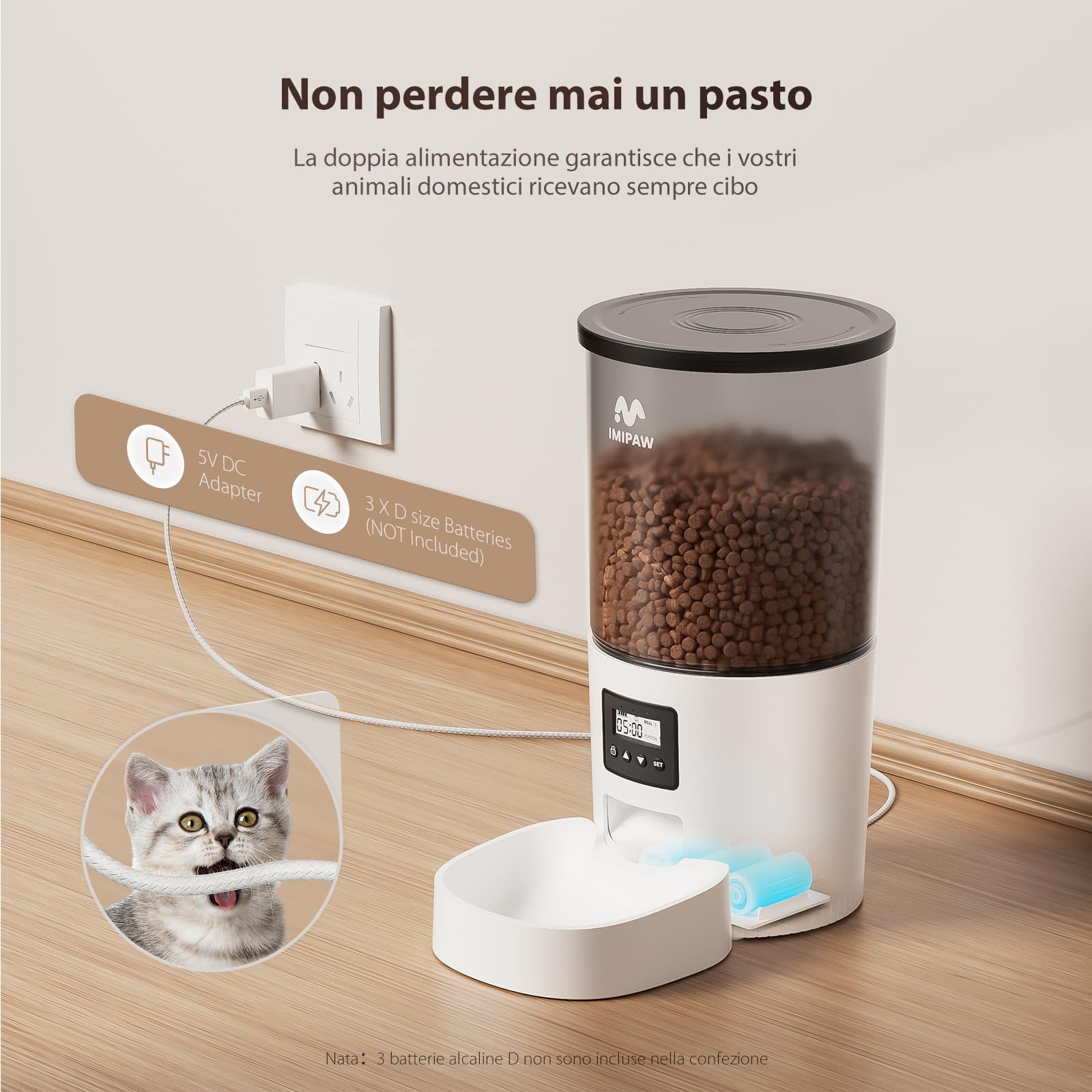 IMIPAW Distributore Automatico Cibo Gatti - 5L Dispenser Cibo Gatti con Timer Programmabile, 1-6 Pasti al Giorno, per Animali Di Piccola e Media Taglia (Bianco, 5L)