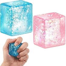 Squishy Cube, Two Cube Squishys in Blue and Pink Colors, Glitter Stress Balls for Adults, Focus Enhancement Tool for Office and Study, Squeeze Toys for Stress & Anxiety Relief Fidgets