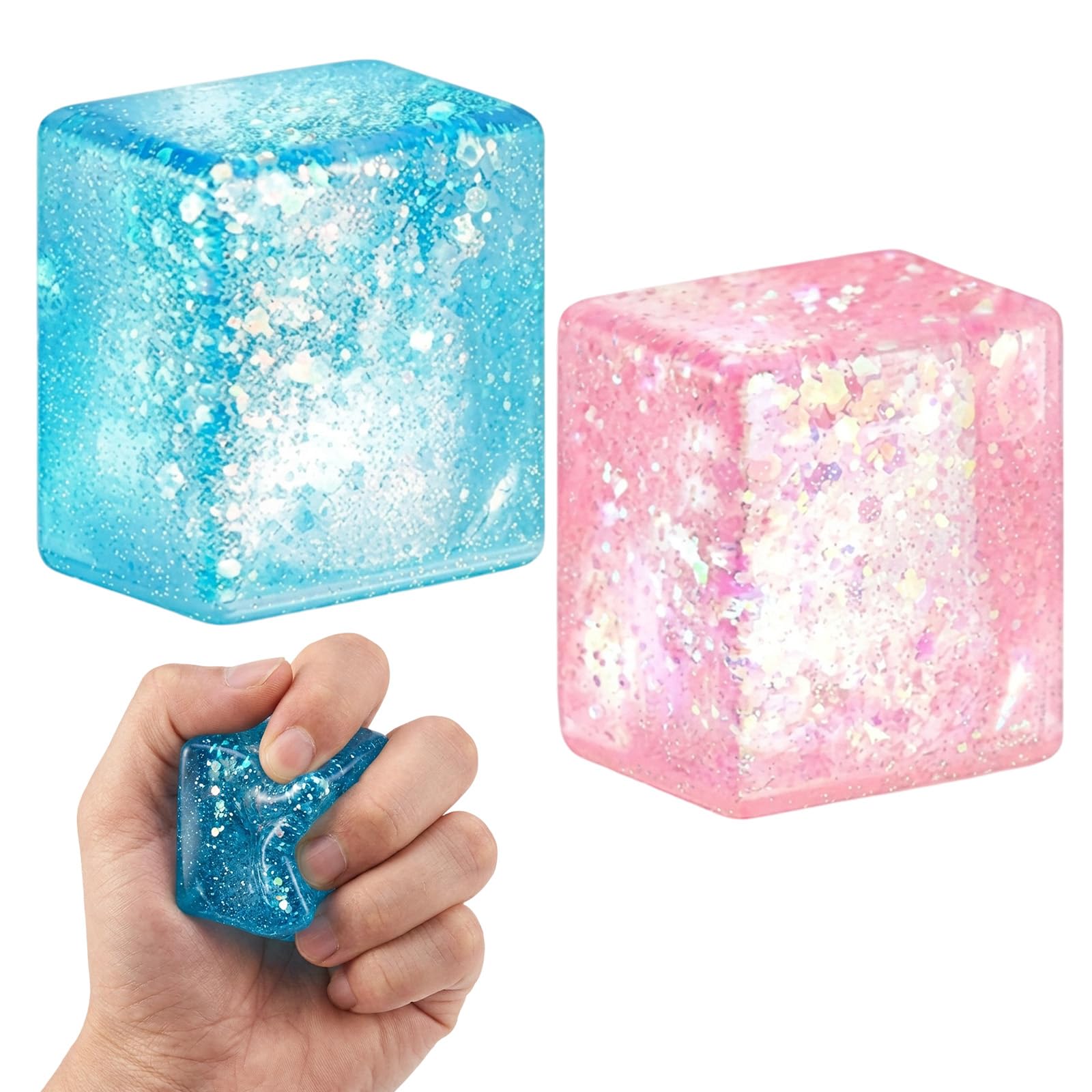 Squishy Cube, Two Cube Squishys in Blue and Pink Colors, Glitter Stress Balls for Adults, Focus Enhancement Tool for Office and Study, Squeeze Toys for Stress & Anxiety Relief Fidgets