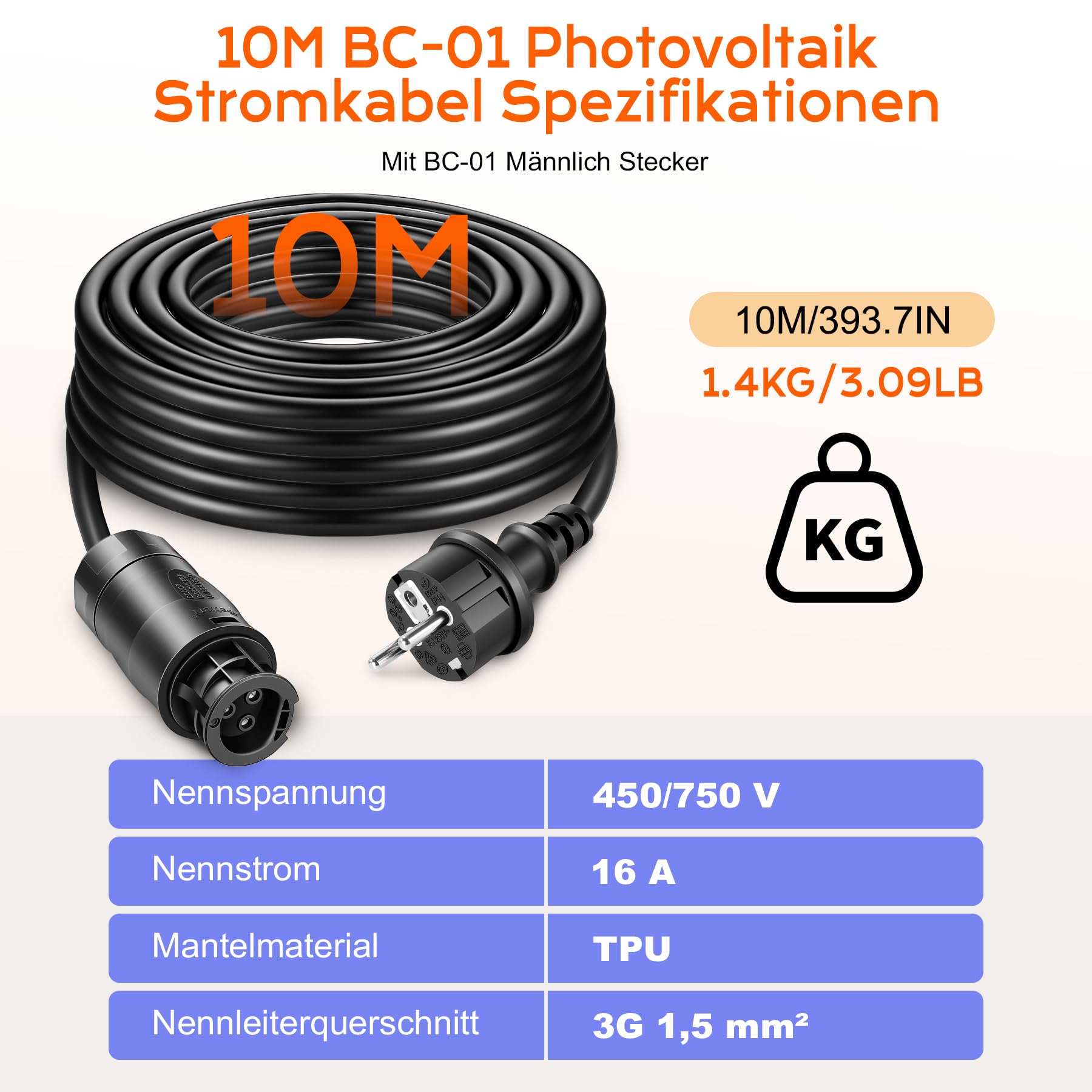 BC-01 Cable 10M, Conector BC-01 a Enchufe Schuko, Cable de conexión para balconera Betteri BC01 Apto para una Amplia Variedad de microinversores