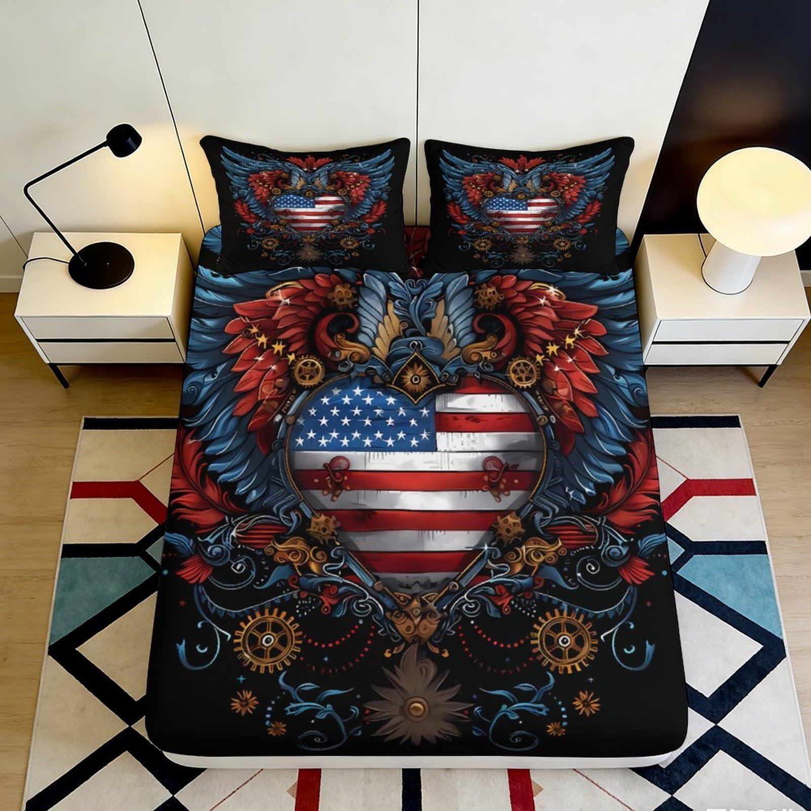 3D Printed American Flag Eagle Fitted Sheet Microfiber Soft Bedroom Decor Steampunk Bed Cover for Home Dorm 90x200x25cm