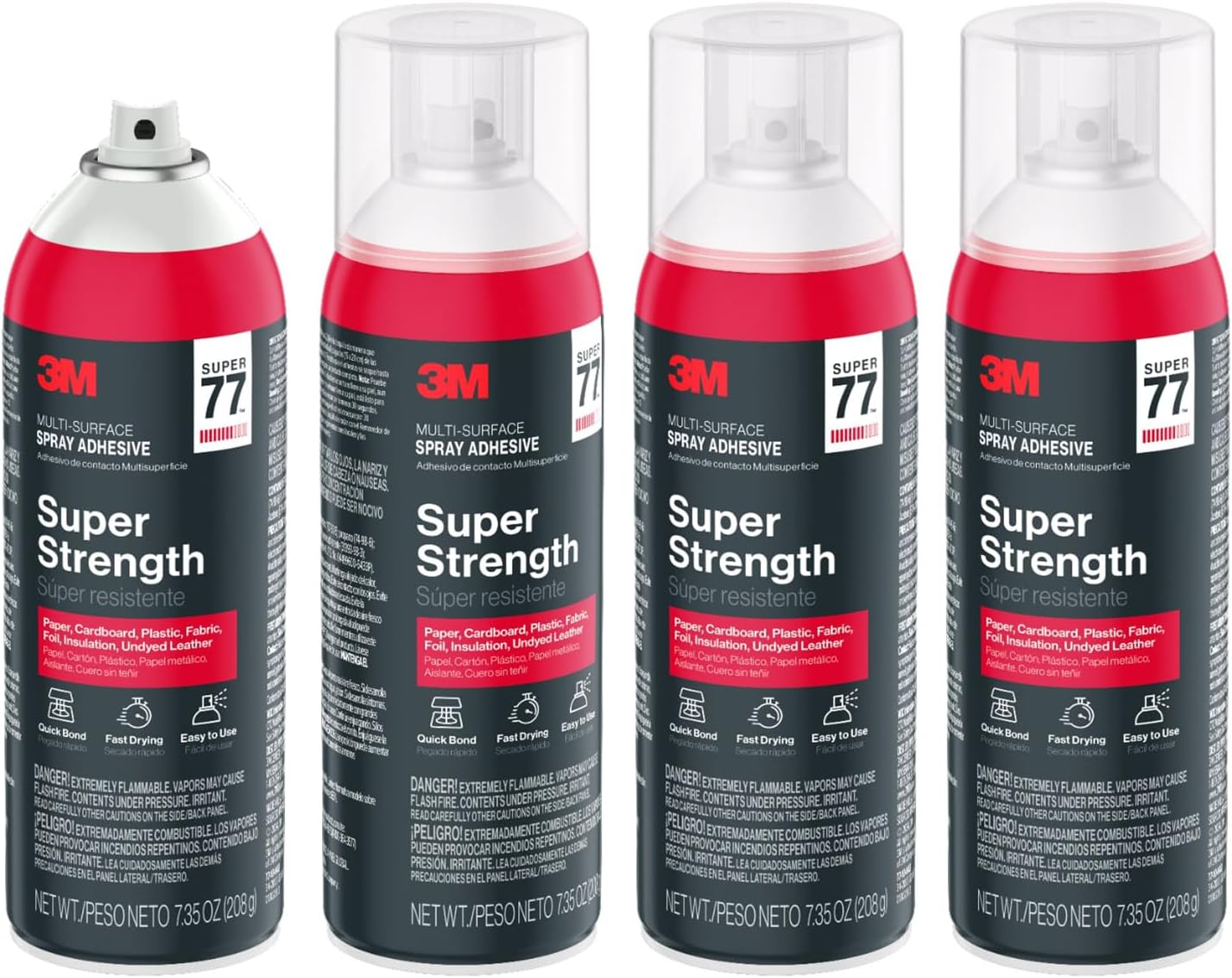3M Super 77 Multi-Surface Spray Adhesive, 7.35 oz., Low VOC, Quick Bond, Fast Drying, Clear Finish for Foil, Foam, Paper, Metal, Plastic, Fabric, and Cardboard (77-10-NAT), 4-Pack