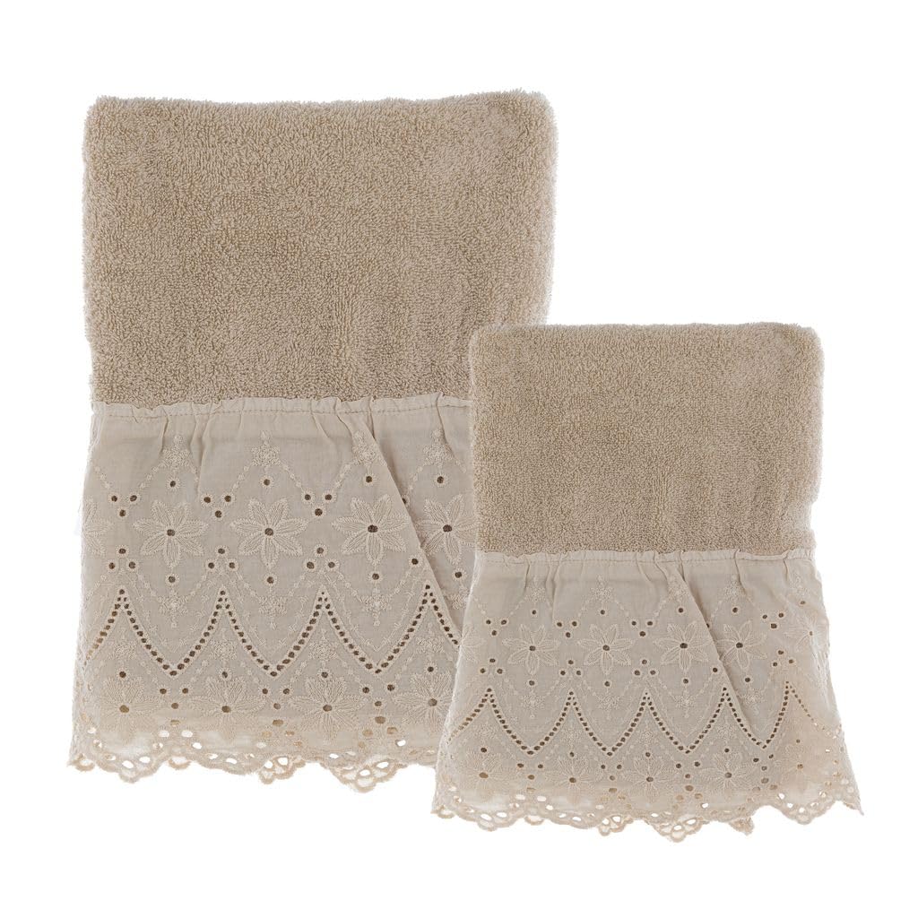 Blanc Mariclo Set 2 Asciugamani da Bagno e Ospite in Cotone con Pizzo Sangallo Fior di Sangallo, Shabby Chic 40x60-60x110 cm 9 Varianti(2pz) Sabbia
