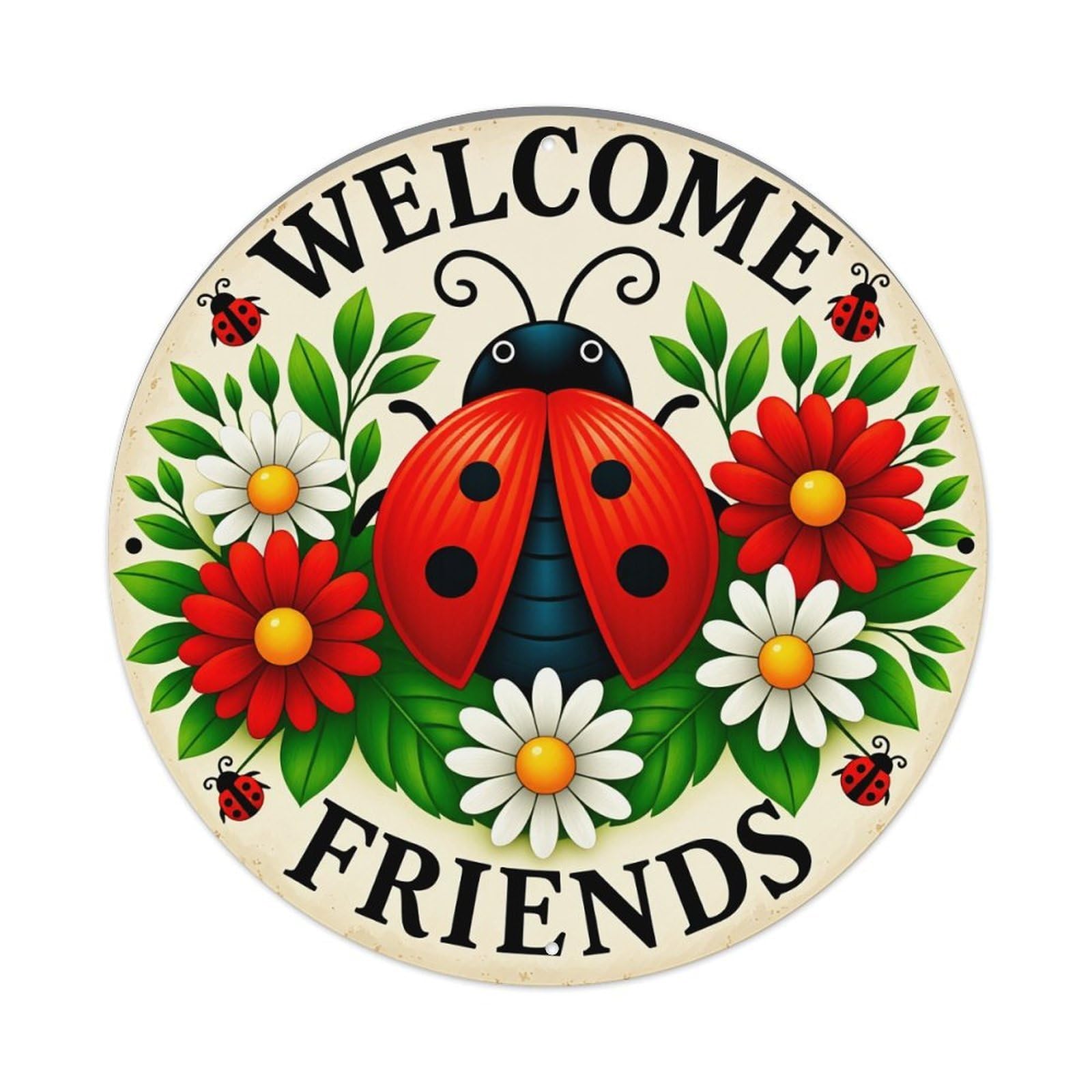 Ladybug Flowers Welcome Friends Sign Metal Tin Sign Vintage Garden Bedroom Cafe Bar Man Cave Home Wall Decor Metal Poster 8x8 inches