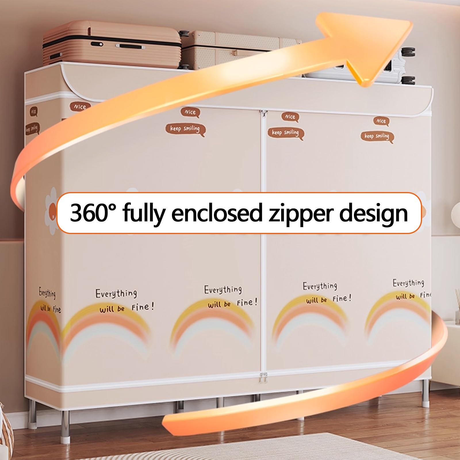 Kleiderschrank Stoff mit Kleiderstange Große Kapazität Camping Kleiderschrank Klappbar Klamotten Ständer mit Reißverschluss für Wohnheime und Wohnungen(Beige,68cm)