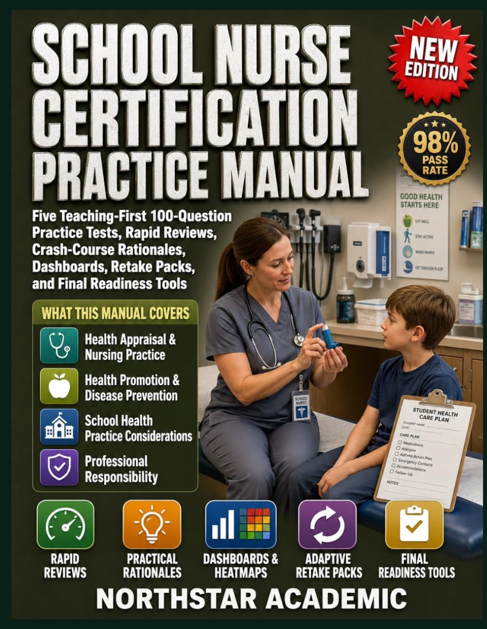 SCHOOL NURSE CERTIFICATION PRACTICE MANUAL: Five Teaching-First 100-Question Practice Tests, Rapid Reviews, Crash-Course Rationales, Dashboards, Retake Packs, and Final Readiness Tools