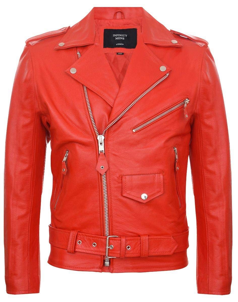 Truclothing Men's Red Cow Hide Original Cross Zip Brando Biker Motorcycle Real Leather Jacket