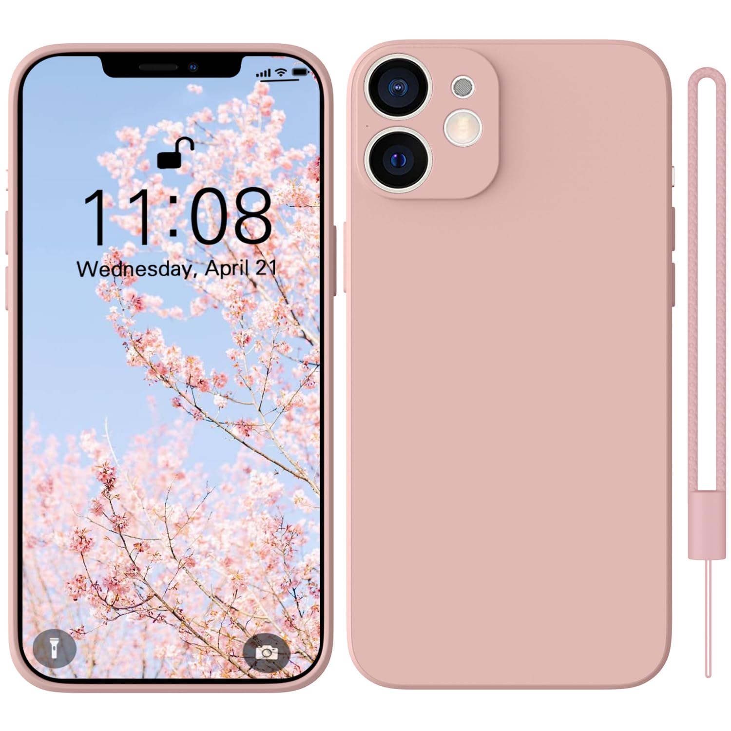 HGH for iPhone 12 Mini Silicone Case with 1 Lanyard, Case for iPhone 12 Mini Case Slim All-Around Protect with Soft Microfiber Lining Scratch Resistant Phone Case for iPhone 12 Mini - Pink