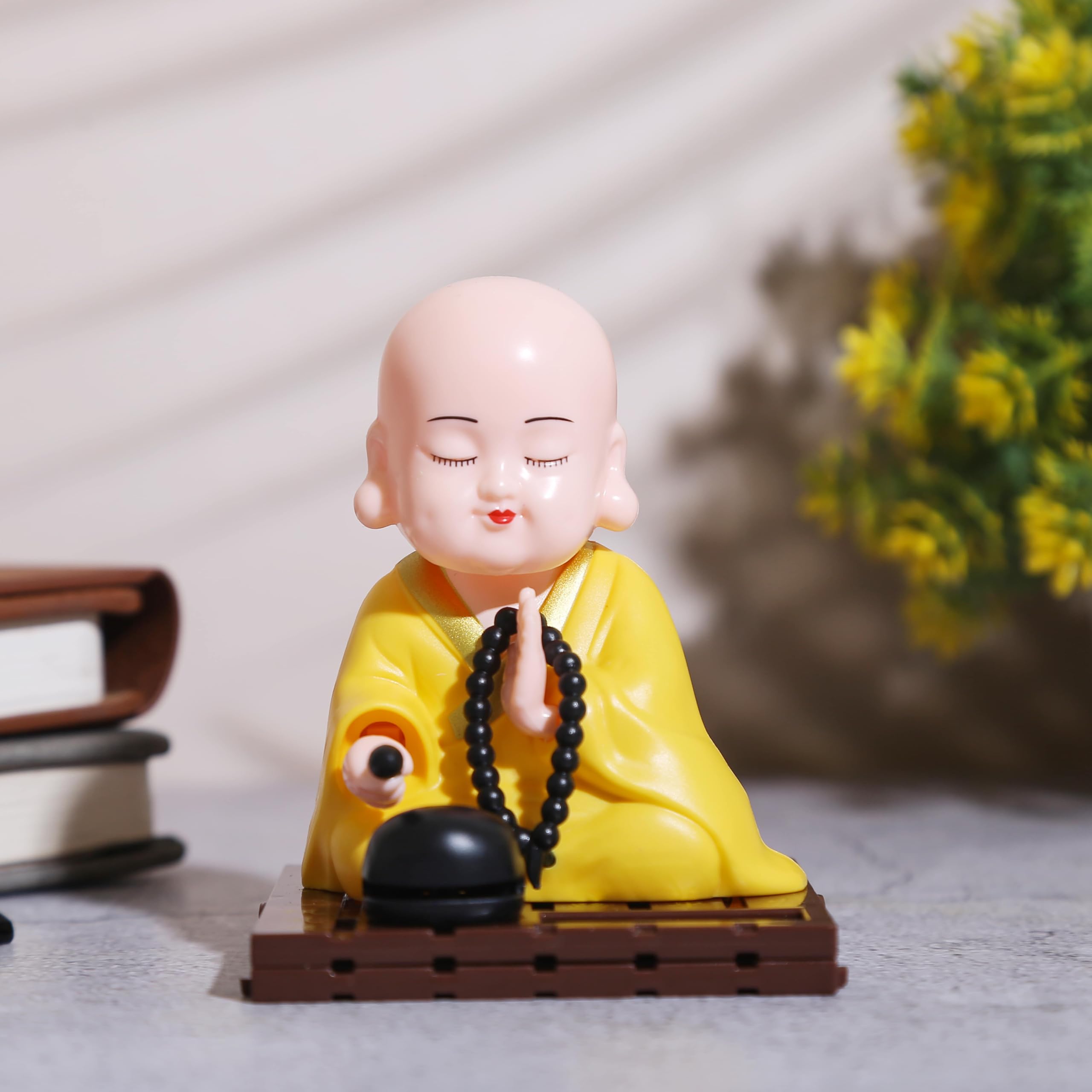 Solar Buddha Moving Head & Hand for Car Dashboard | Home Decor | Office Desk & Gifting - Solar Powered Motion with Auto ON/Off with Light (Yellow)