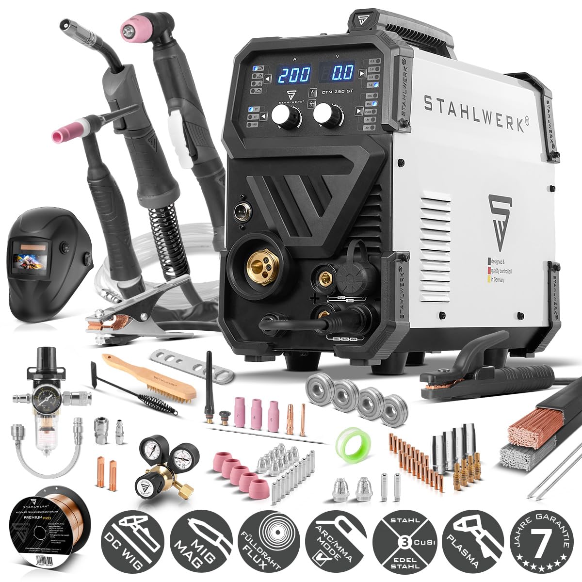 STAHLWERK Schutzgasschweißgerät 4-in-1 Kombi CTM-250 ST – WIG, MIG/MAG, MMA (E-Hand/ARC), FLUX (Fülldraht) bis 200 A, CUT (Plasma) bis 45 A, Schneidleistung bis 14 mm, Parameter einstellbar, IGBT