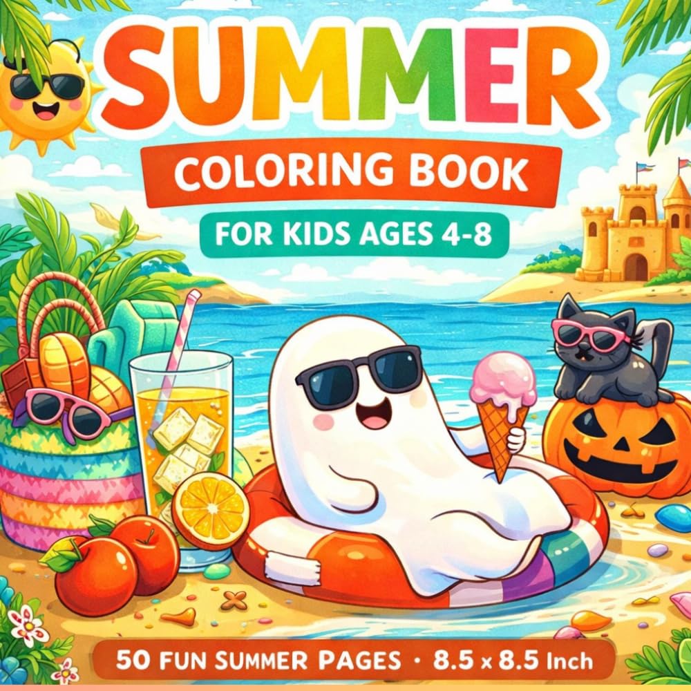 Summer Coloring Book for Kids Ages 4-8: Fun and Easy Summer Coloring Pages | Beach, Ocean, Ice Cream, Animals and Vacation Activities | 50 Cute and Simple Designs