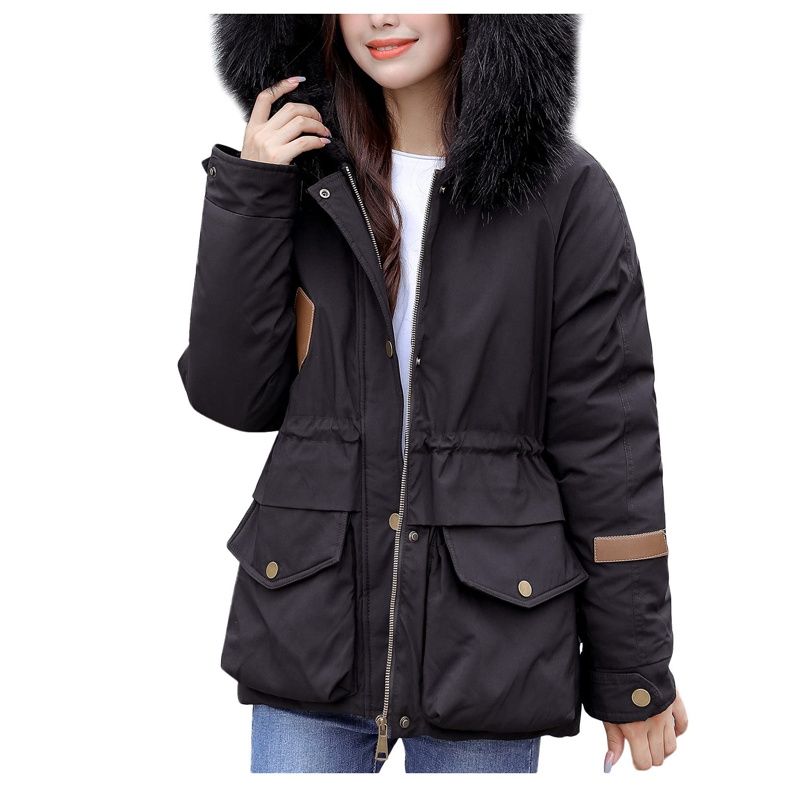 Chaqueta de invierno para mujer, moderna, cálida, acolchada, cortavientos, de piel sintética, parka con capucha, bolsillo corto, parka para exteriores, cortavientos, M - XXL