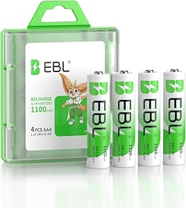 EBL AAA Rechargeable Batteries 1100mAh High Capacity Ni-MH 1.2V 4 Pack (Battery Case Included)