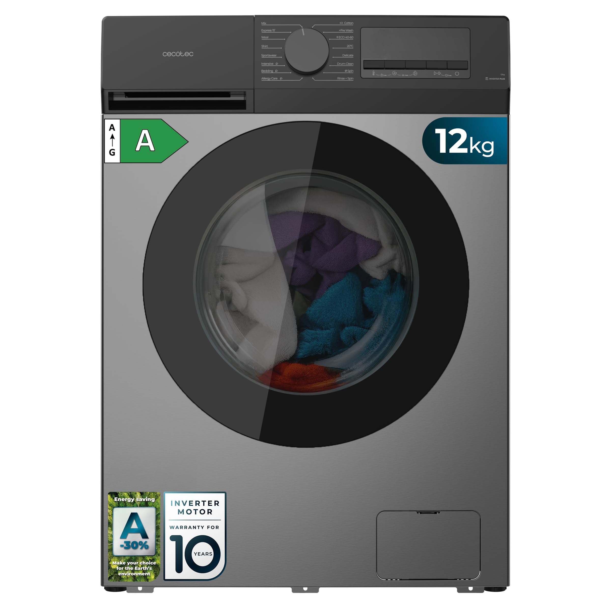 Cecotec Washing Machine Front Load 12 kg Bolero DressCode 12450 Inverter Steel, 1400 rpm, 16 programs, Class A-20%, Inverter Plus Motor, Allergy Care, Pearl Drum, Silence Function, Stop&Go, KidLock