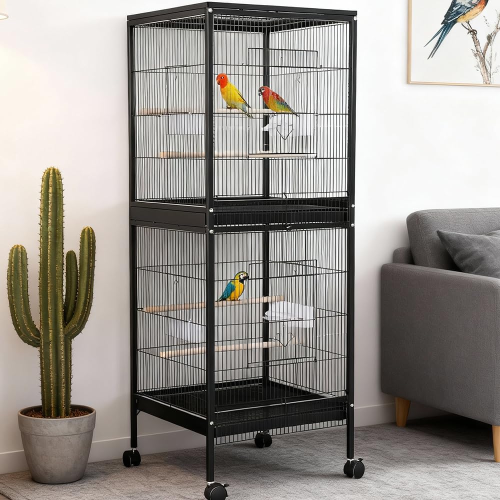 Jaula Para Pájaros Apilable De Doble Piso - Panorámica Giratoria 360°,Hierro Resistente, Zona De Juego Superior,Ruedas y Bandeja Extraíble - Fácil De Limpiar,Ideal Para Periquitos, Canarios, Agapornis