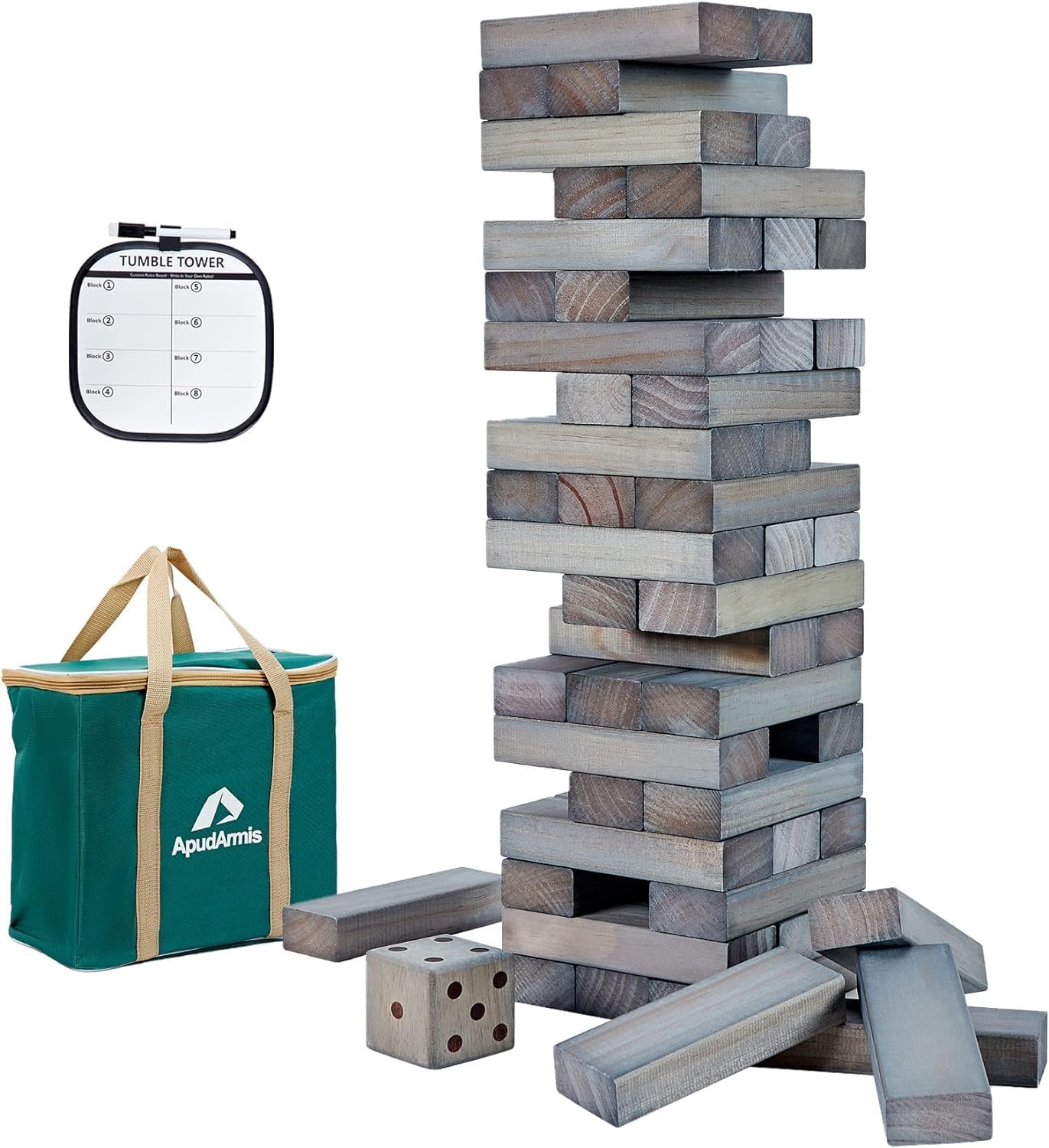 apudarmis 60 pcs giant tumble tower stack to 5ft, pine wooden stacking timber game with 1 dice set - classic block giant outdoor game for teens adults family (gray)