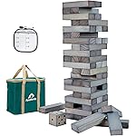 ApudArmis 60 PCS Giant Tumble Tower Stack to 5Ft, Pine Wooden Stacking Timber Game with 1 Dice Set - Classic Block Giant Outdoor Game for Teens Adults Family (Gray)