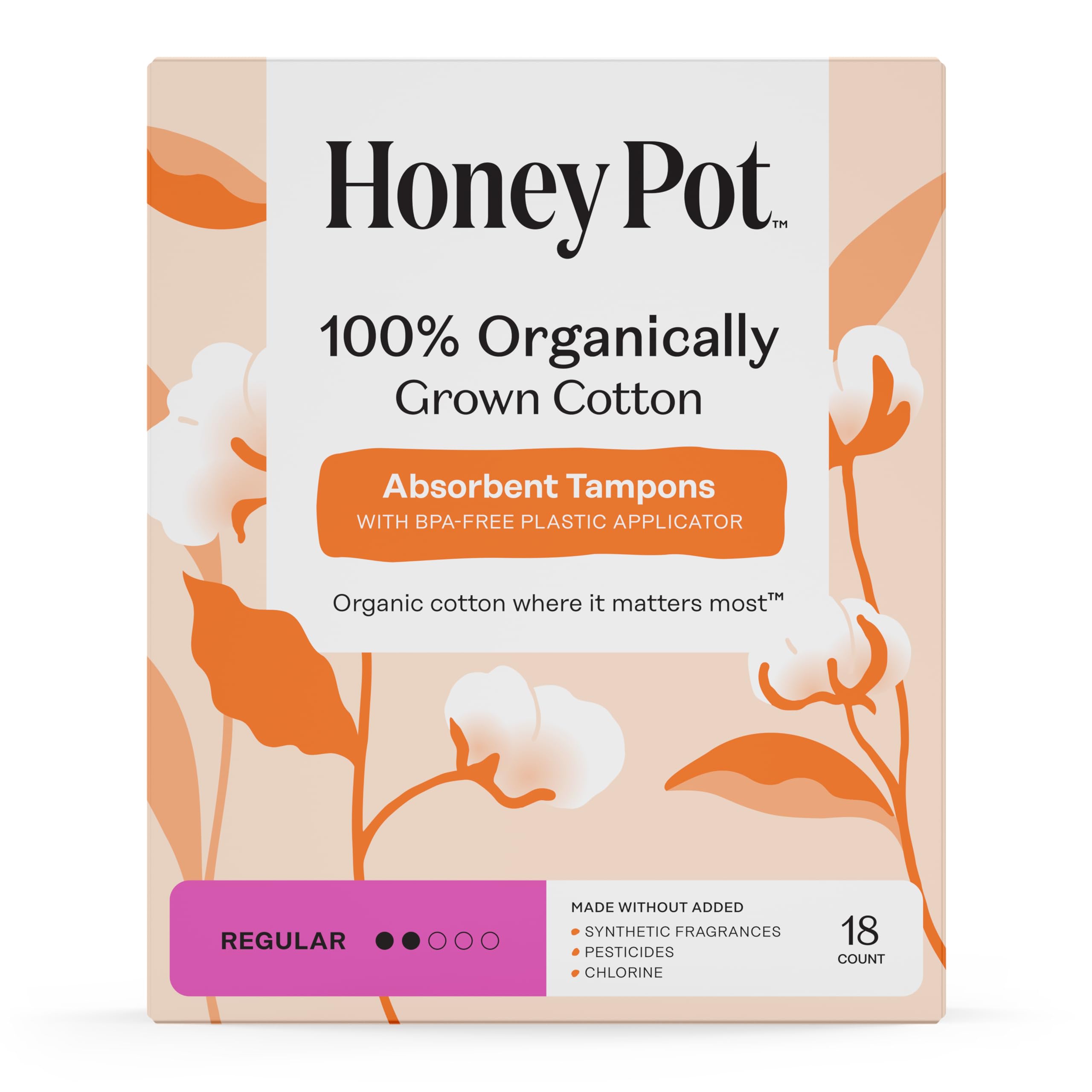 The Honey Pot Company - 100% Organic Regular Tampons with Bio-Plastic Applicator Unscented - 18 Count