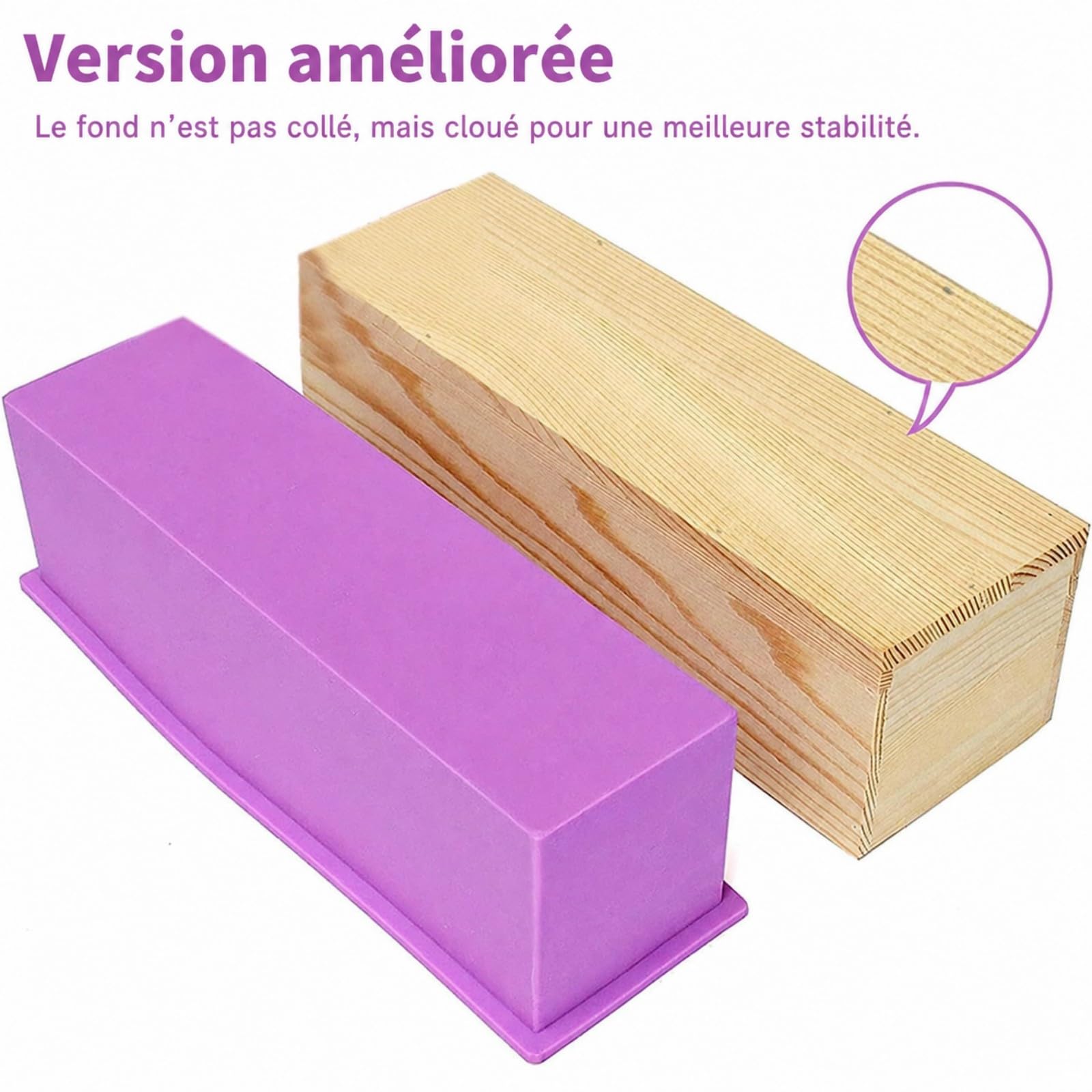 Lot de 4 Moules à Savon 1200 ml en Silicone avec Boîte en Bois, Moule à Savon Rectangulaire Amélioré pour Fabrication de Savon DIY, Saponification, Résine et Pâtisserie (Violet)