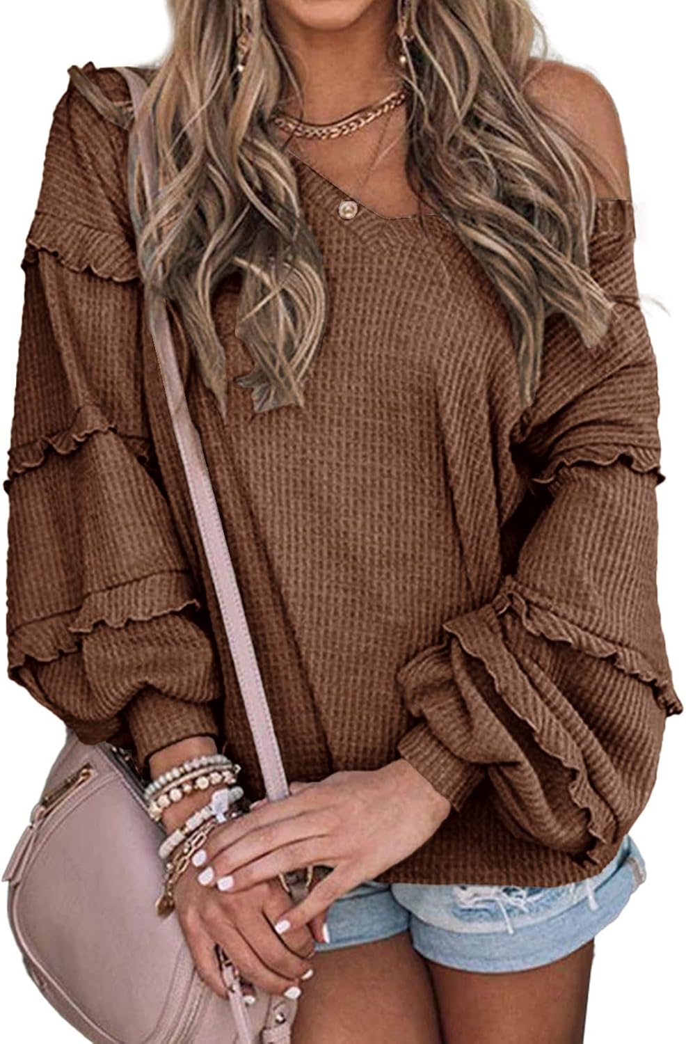 BTFBM Women’s V Neck Long Sleeve Blouse Loose Fit Tunics Ruffles Off Shoulder Waffle Knit Solid Color Tops Fall Tee Shirts