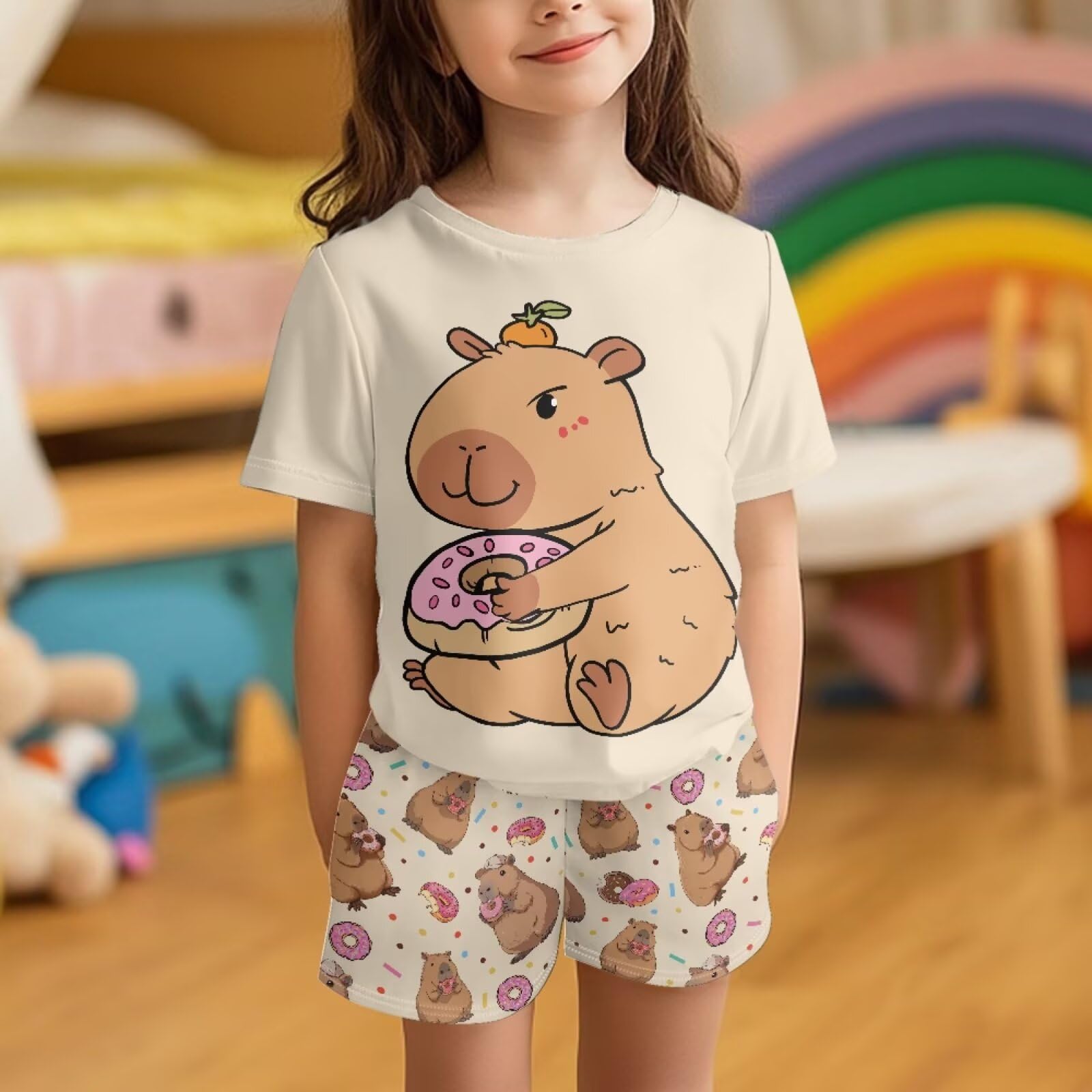 Conjunto de pijama de verano de manga corta para niñas, ropa de dormir de 2 piezas con bolsillos