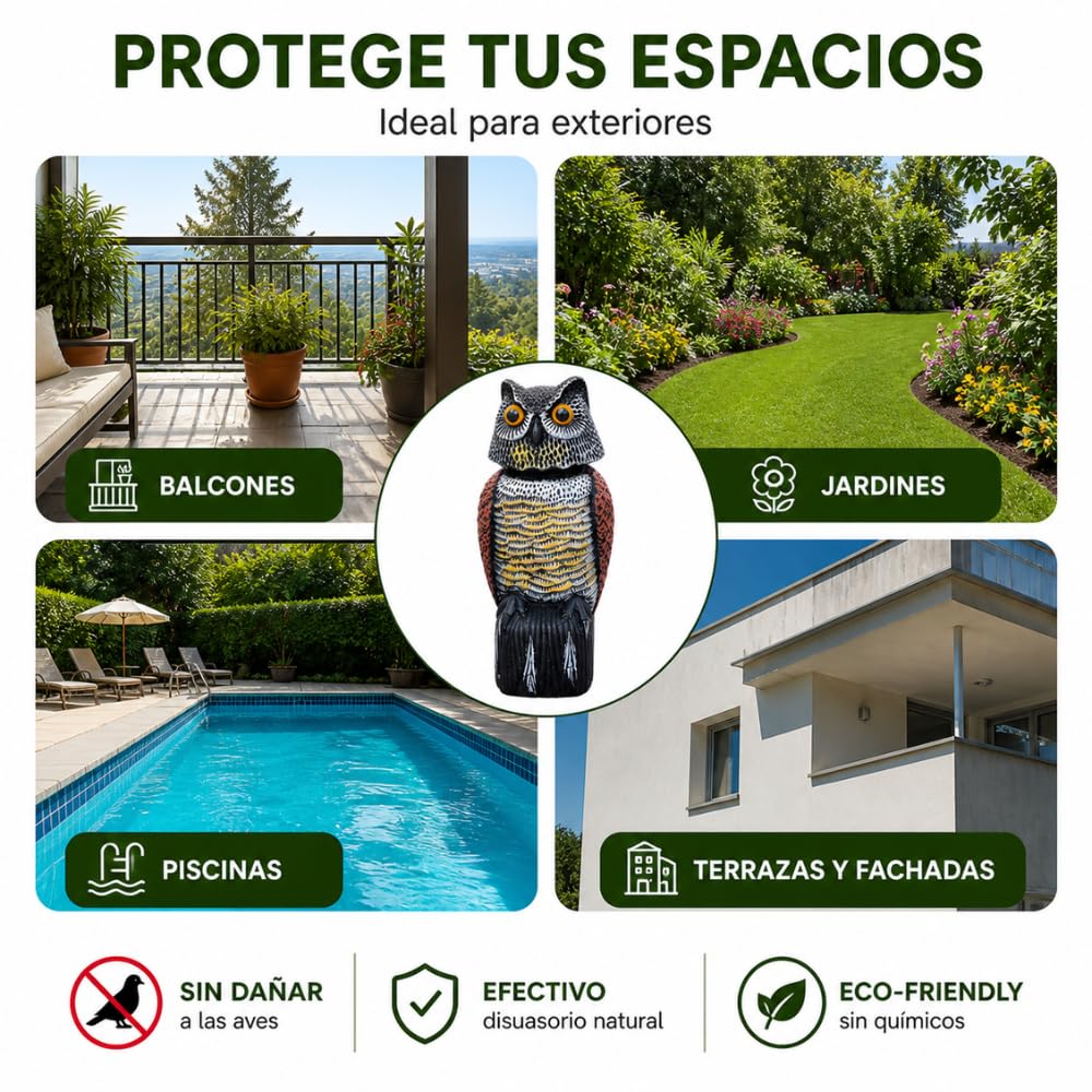 Remi Hogar Búho Espantapájaros Realista | Ahuyenta Palomas, gaviotas y Otras Aves urbanas | para Exteriores, Balcones, Jardines y Piscinas | Poliuretano | Respetuoso con el medioambiente y Fauna