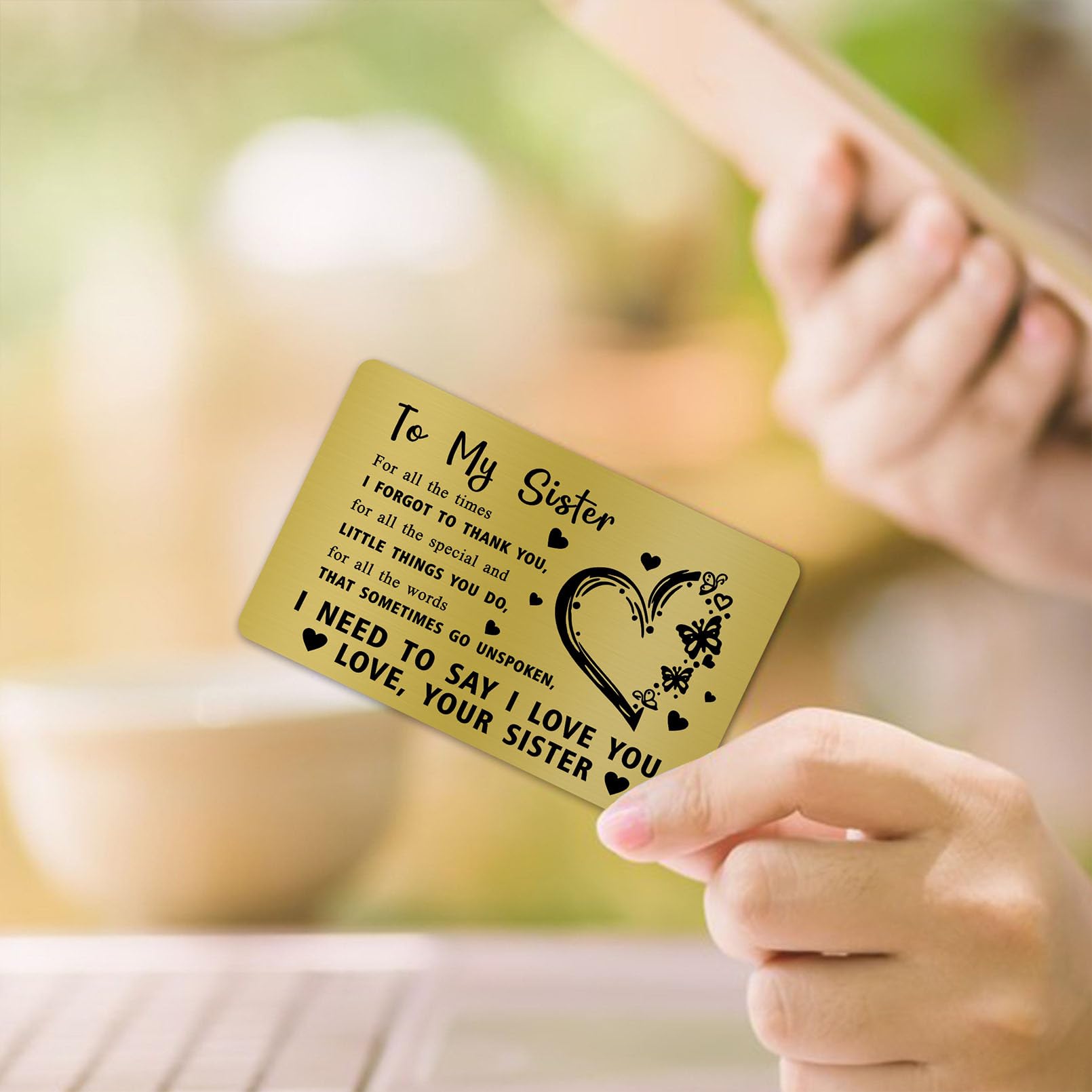Graviertes Geschenk Für Die Schwester - Brieftaschenkarte Mit Lieber Botschaft (8,5x5,4 Cm), Aus Messing