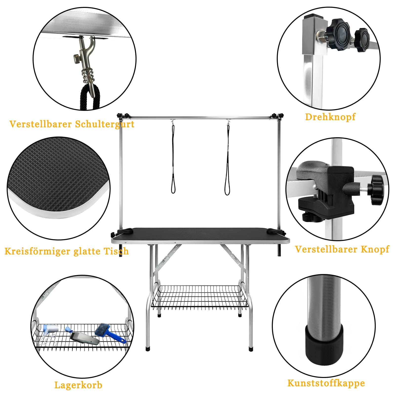 Aufun Trimmtisch für Hunde Schertisch, 113x60x76 cm Stabil Hundepflegetisch mit höhenverstellbarem Galgen und 2 Schlingen, Klappbar, Hunde Badetisch, Pudel Fellpflege, bis 100 KG