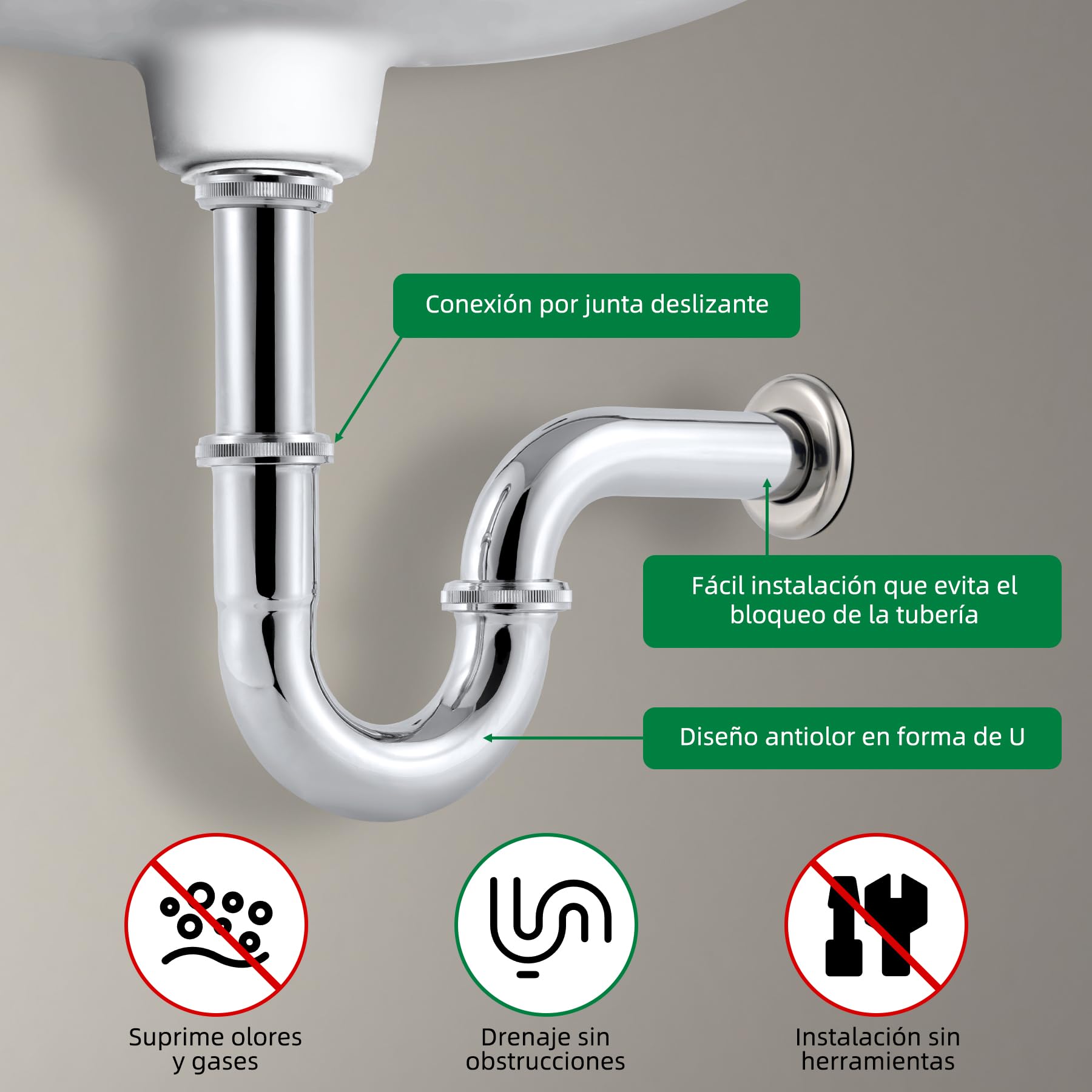 Hibbent Sifón de acero Inoxidable Para Lavabo, Tubo de Desagüe Ajustable Universal de 1-1/4", Sifón Tubular para Lavabo-Cromo