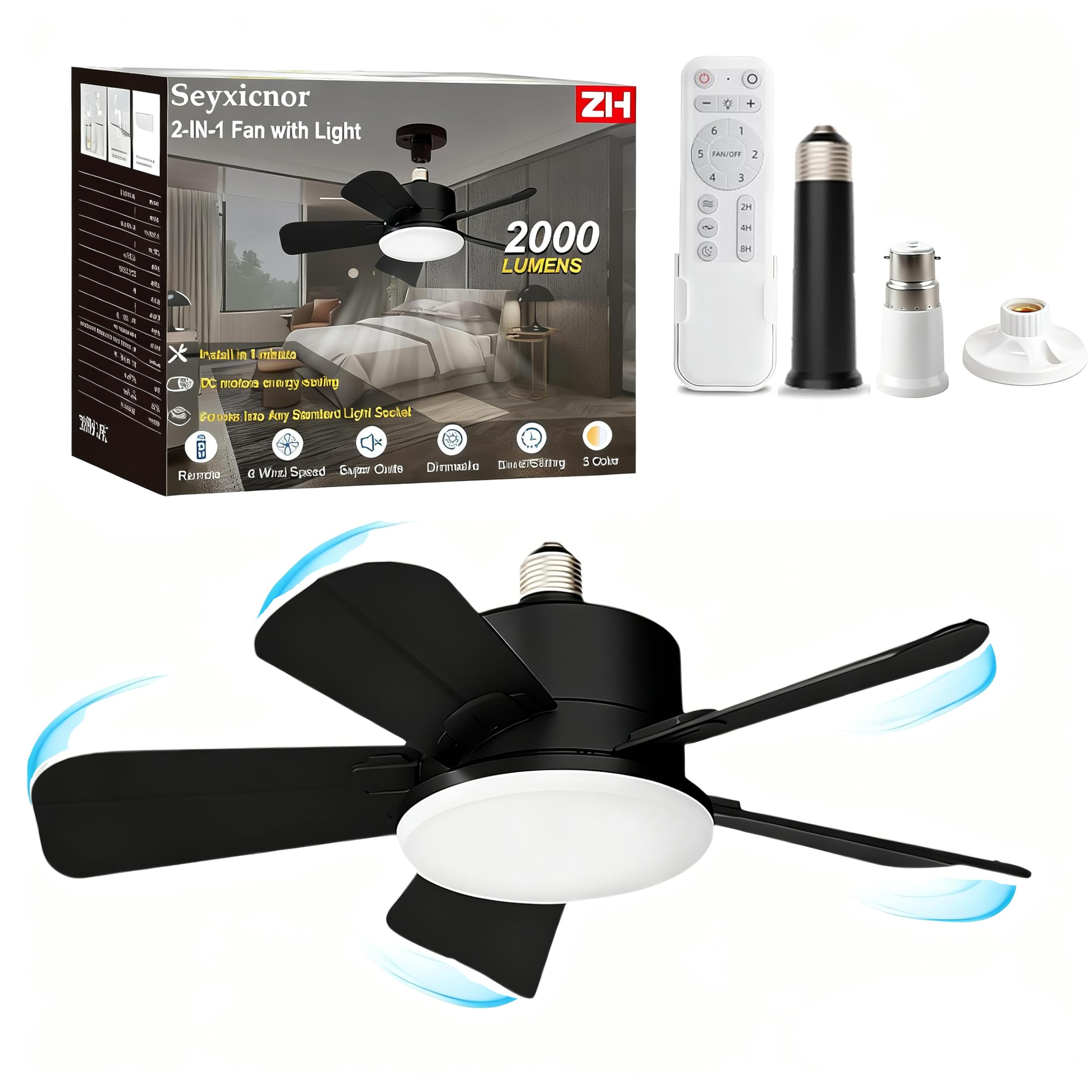 Socket Ceiling Fans with Lights and Remote, Fits E27/B22 Socket Fan light 2000LM Dim,Ceiling Fan with 900PRM, with 2 Extension Rods & Mounting Base, Quiet Light Bulb Fan for Bedroom, Kitchen,Bathroom
